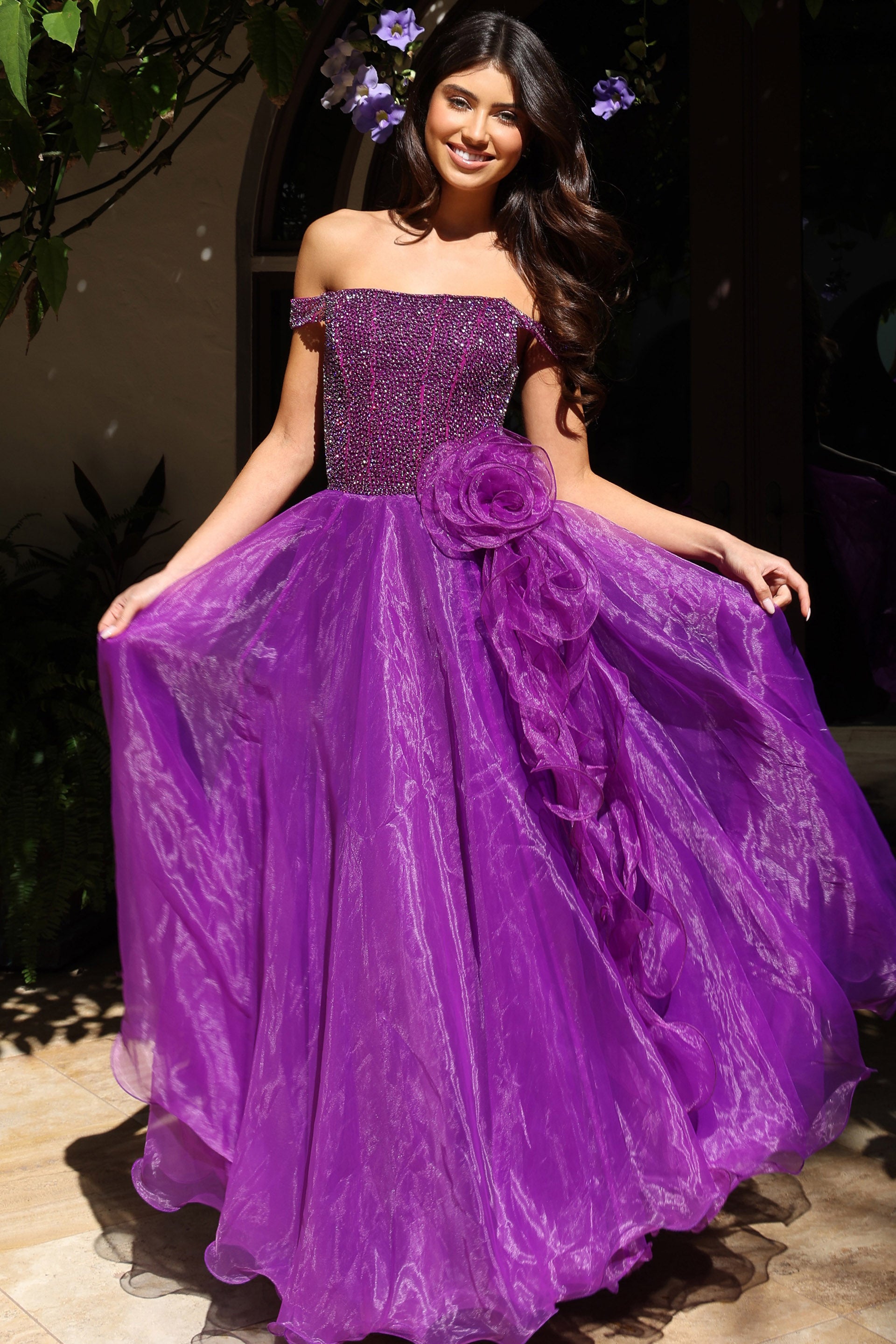 Purple Off-the-Shoulder Floor-Length Organza Prom Ball Gown Jovani K38283