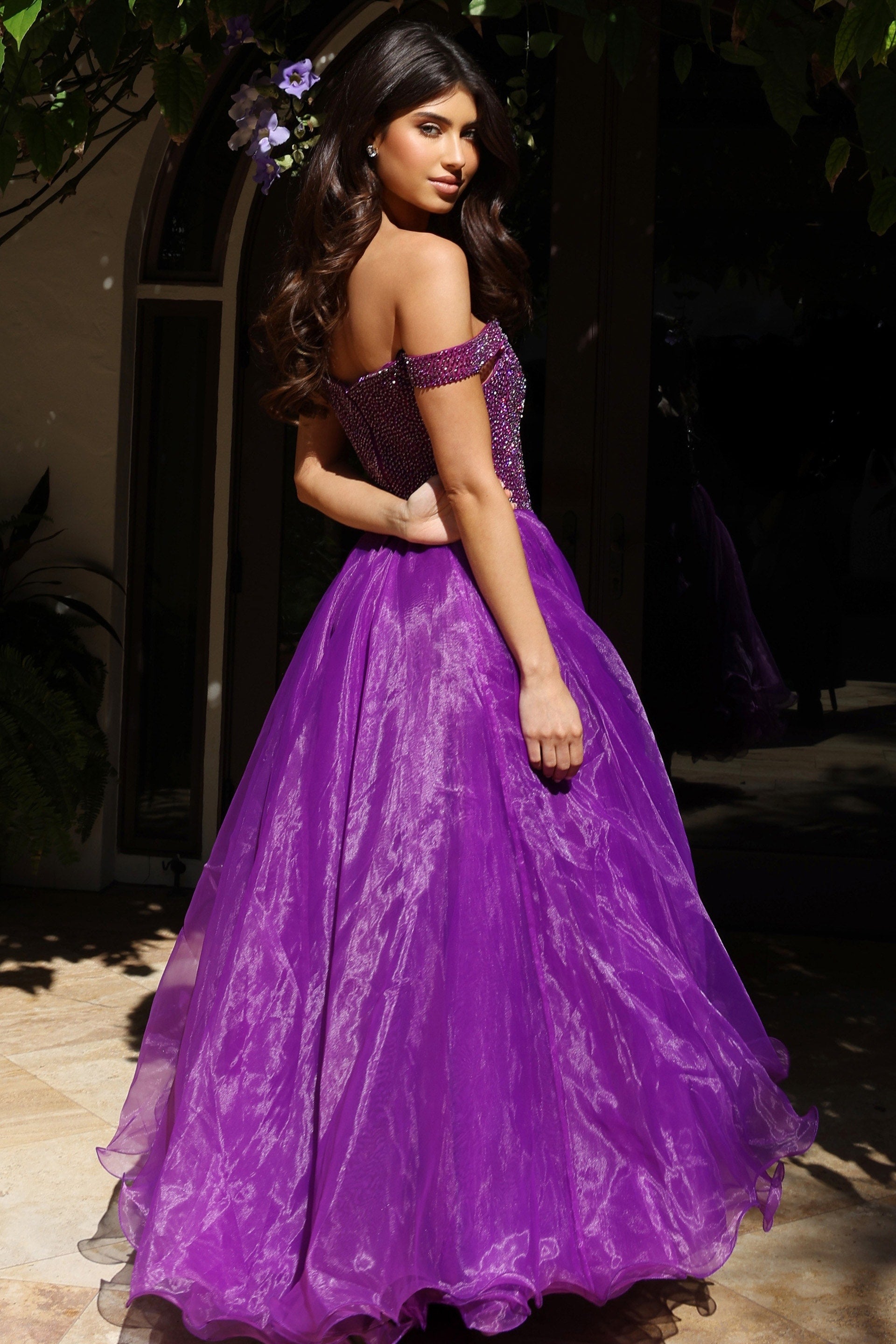 Purple Off-the-Shoulder Floor-Length Organza Prom Ball Gown Jovani K38283