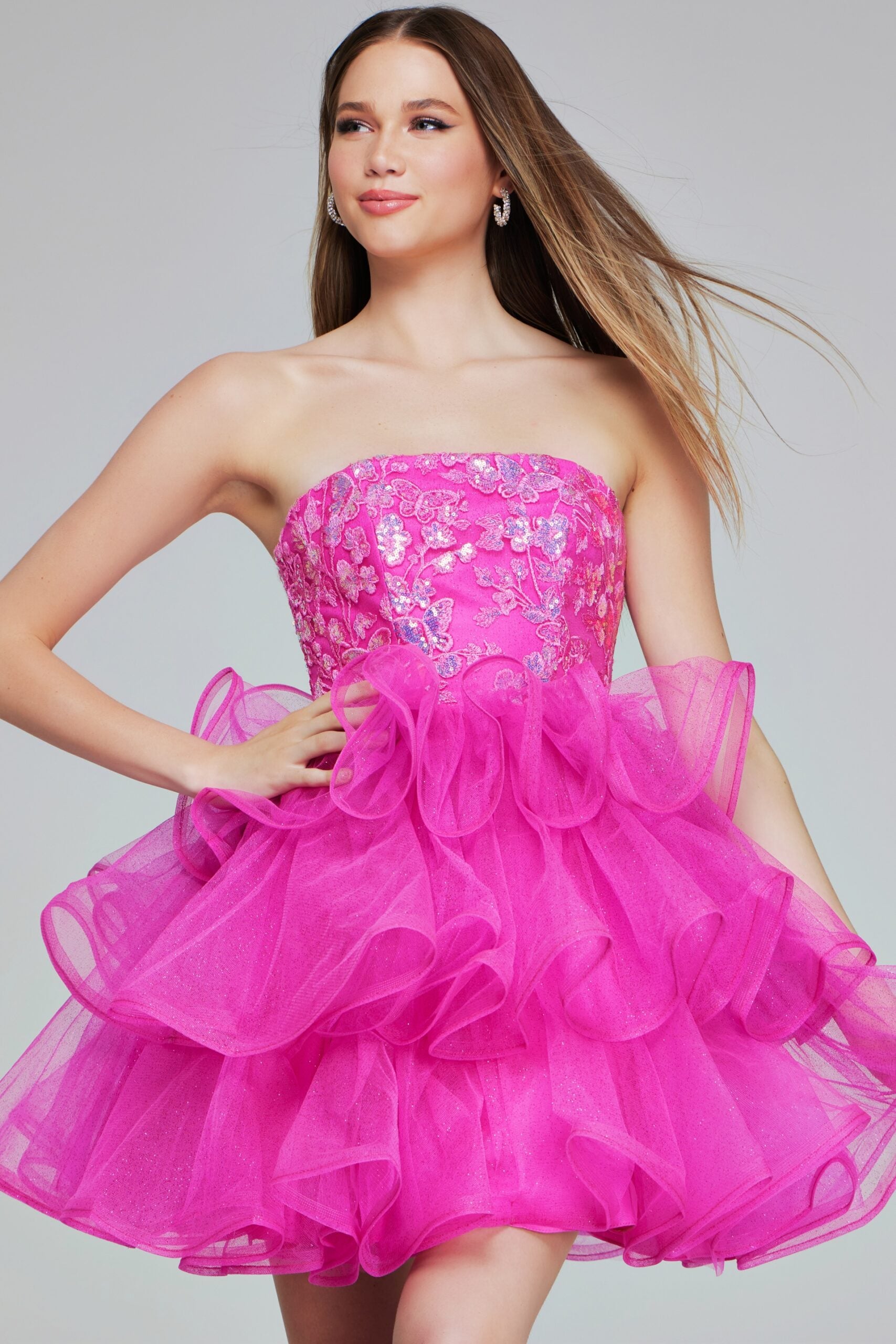 Cocktail Dresses Beaded Homecoming Short Ruffle Mini Girls Dresses Hot Pink