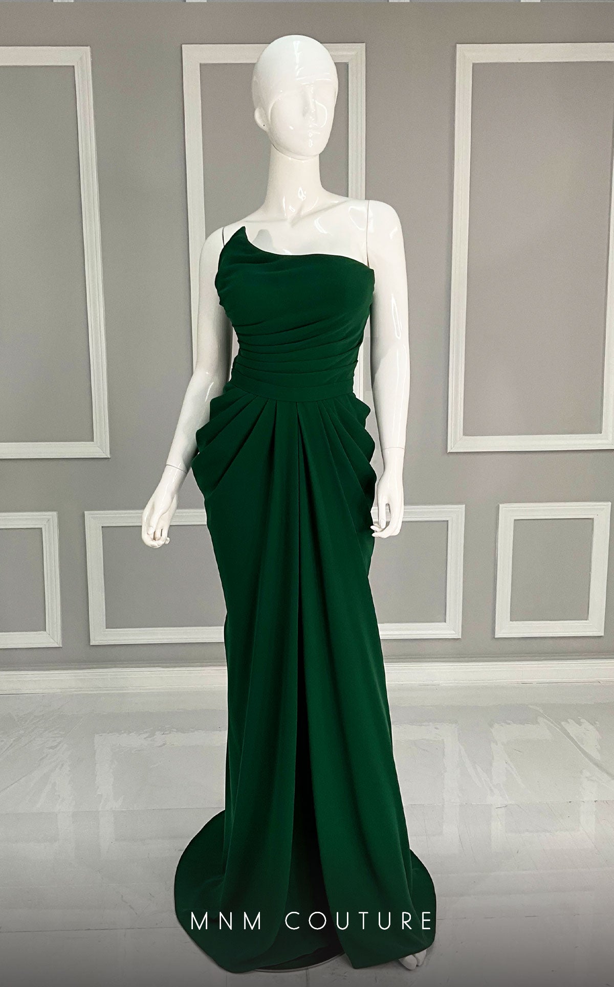 One-Shoulder Floor-Length Satin Evening Sheath MNM Couture K3854