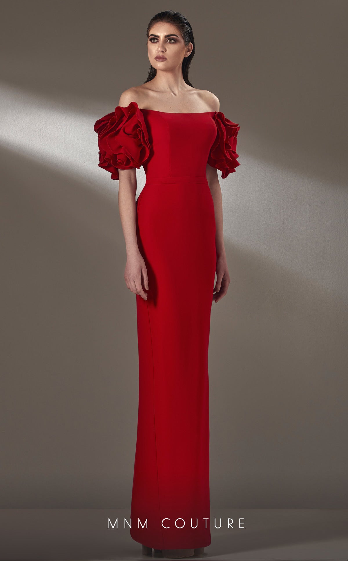 MNM Couture K3875 Long Formal Ruffle Sleeve Evening Dress