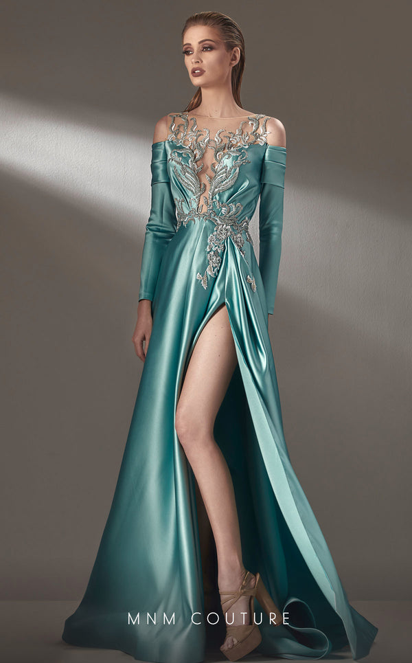 MNM Couture K3886 A Line Long Formal Metallic Applique Prom Evening Dress