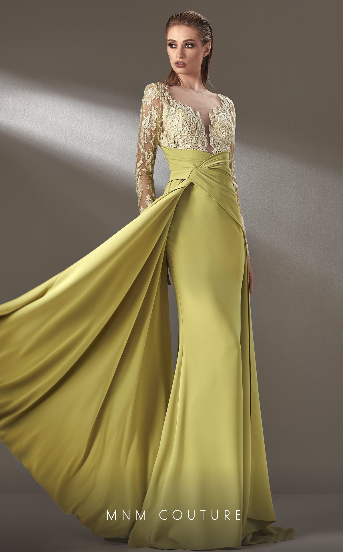 MNM Couture K3893 Long Sleeve Formal Lace Applique Evening Dress