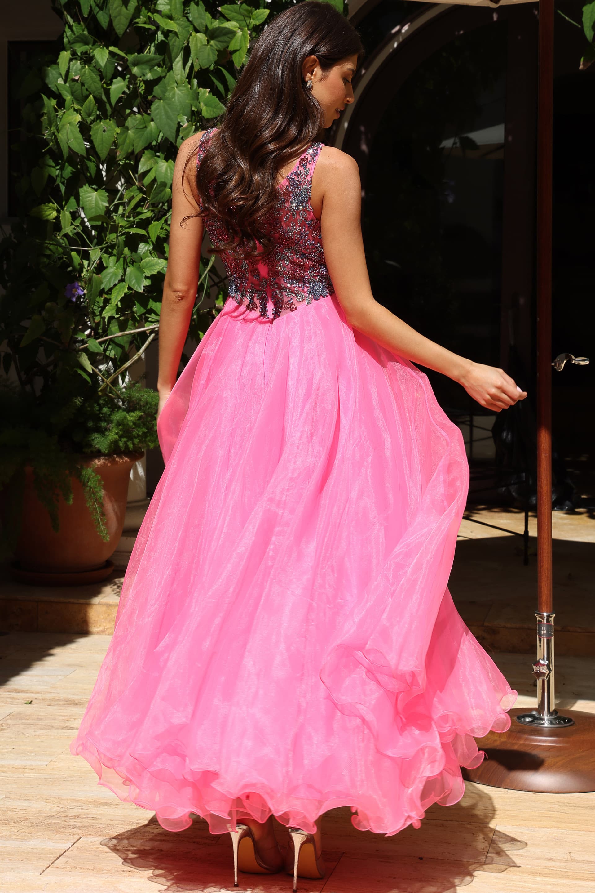 Hot Pink High Illusion Neck Floor-Length Organza Prom A-Line Gown Jovani K39018