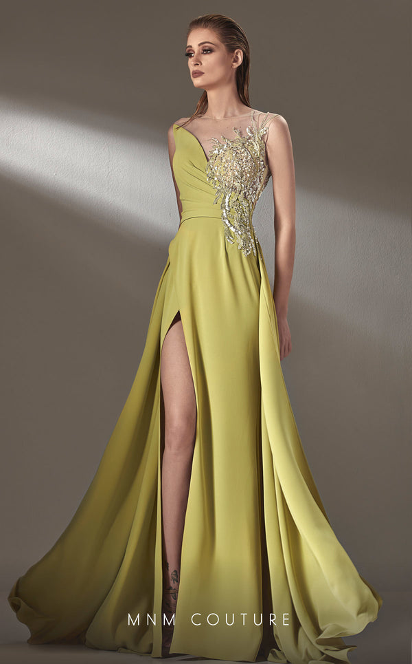 MNM Couture K3903 Pleated A Line Long Formal Beaded Applique Prom Dress