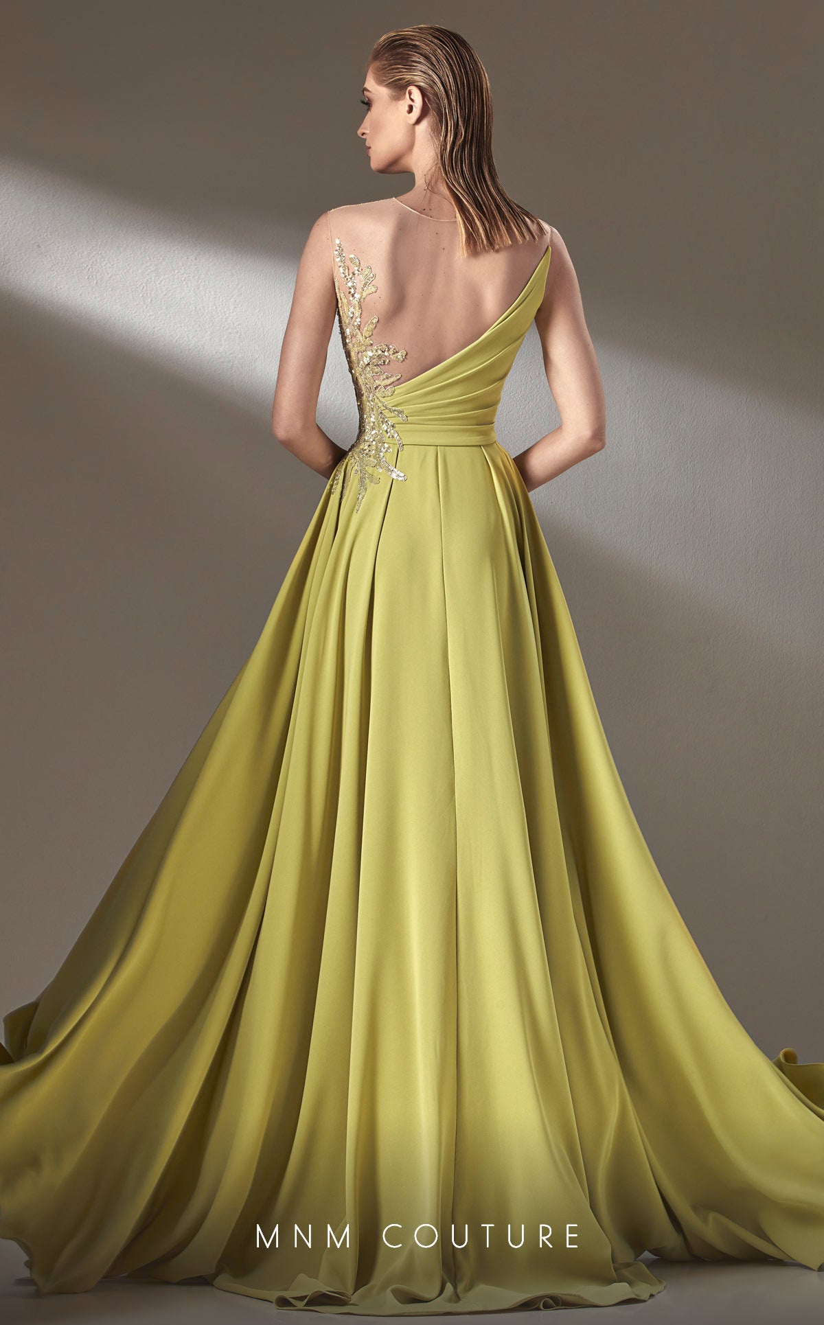 MNM Couture K3903 Pleated A Line Long Formal Beaded Applique Prom Dress