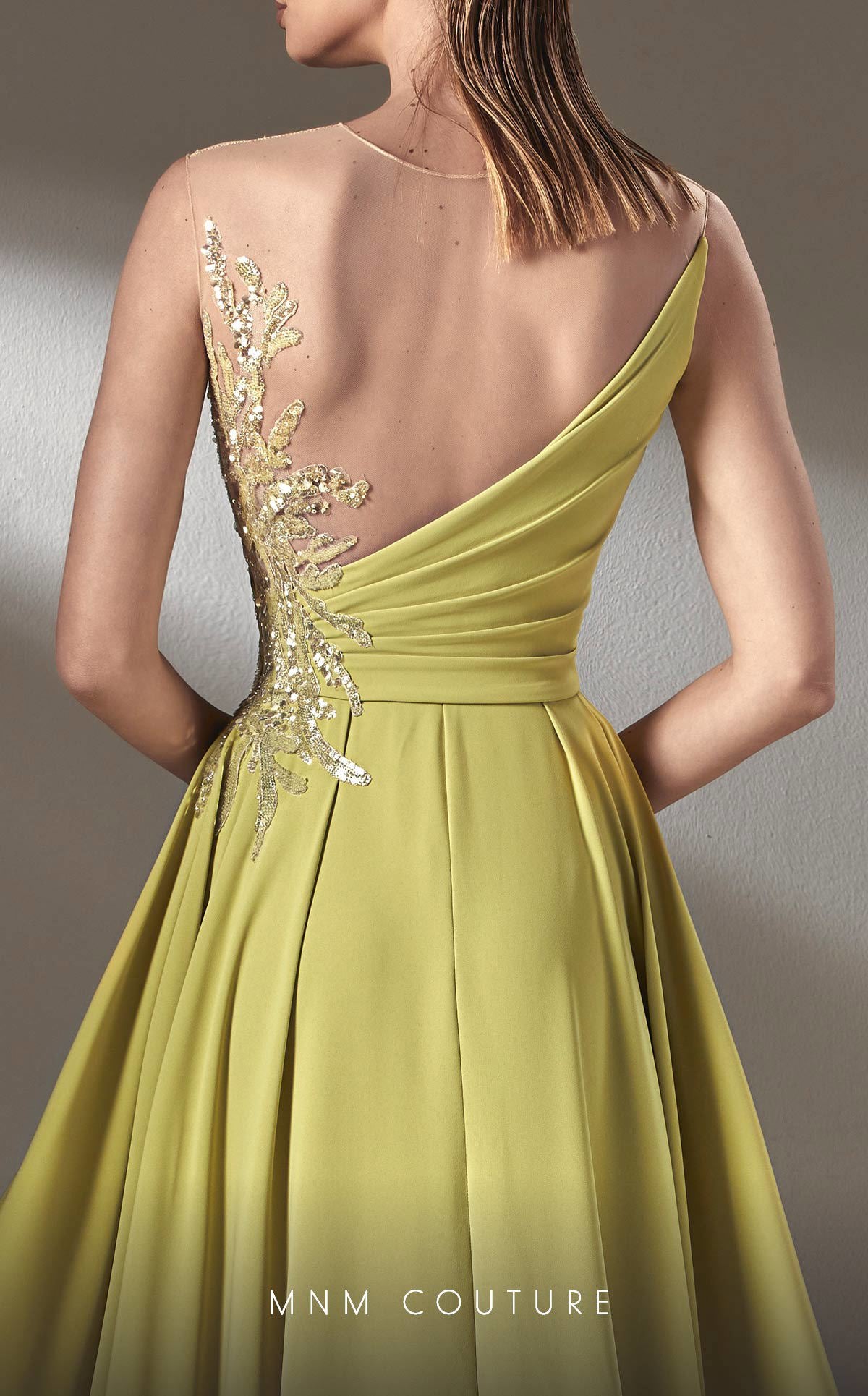 MNM Couture K3903 Pleated A Line Long Formal Beaded Applique Prom Dress