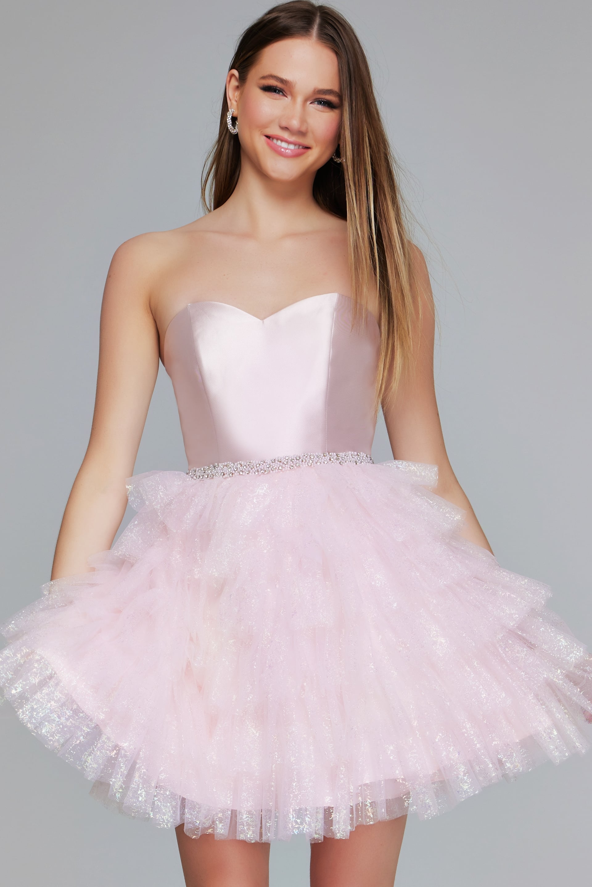 Strapless Mini Satin Tulle Homecoming Ball Gown Jovani K39310