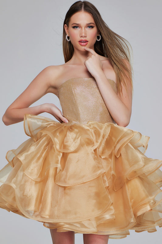 Cocktail Dresses Short Homecoming Metallic Ruffle Mini Girls Dresses Gold