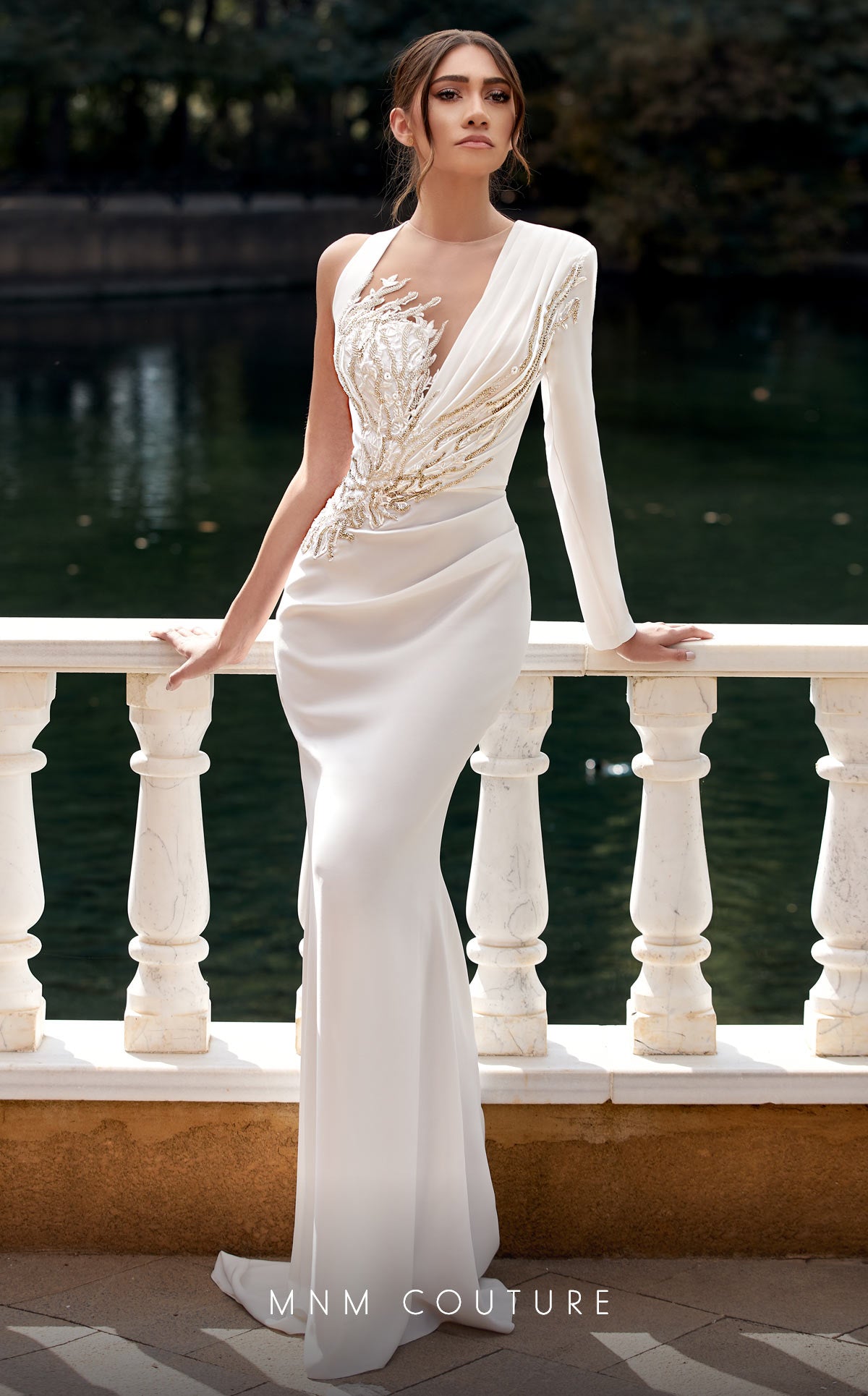 One-Shoulder Floor-Length Satin Wedding Dress MNM Couture K3940