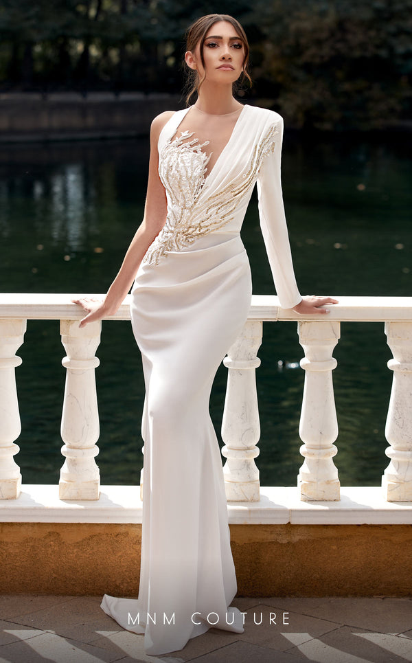 One-Shoulder Floor-Length Satin Wedding Dress MNM Couture K3940