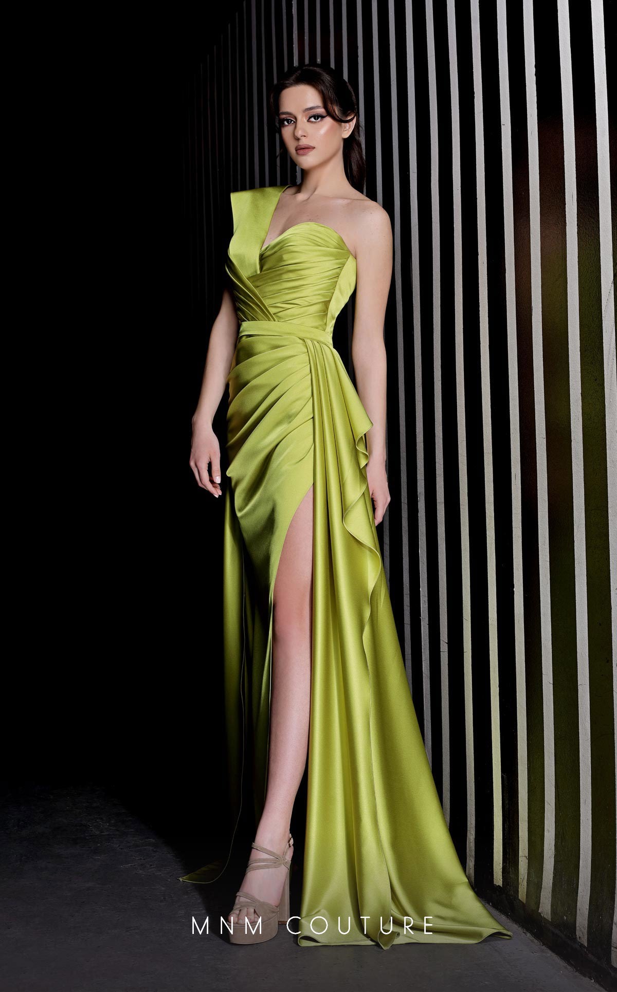 MNM Couture K3979 Long A Line Formal Pleated Slit Prom Dress