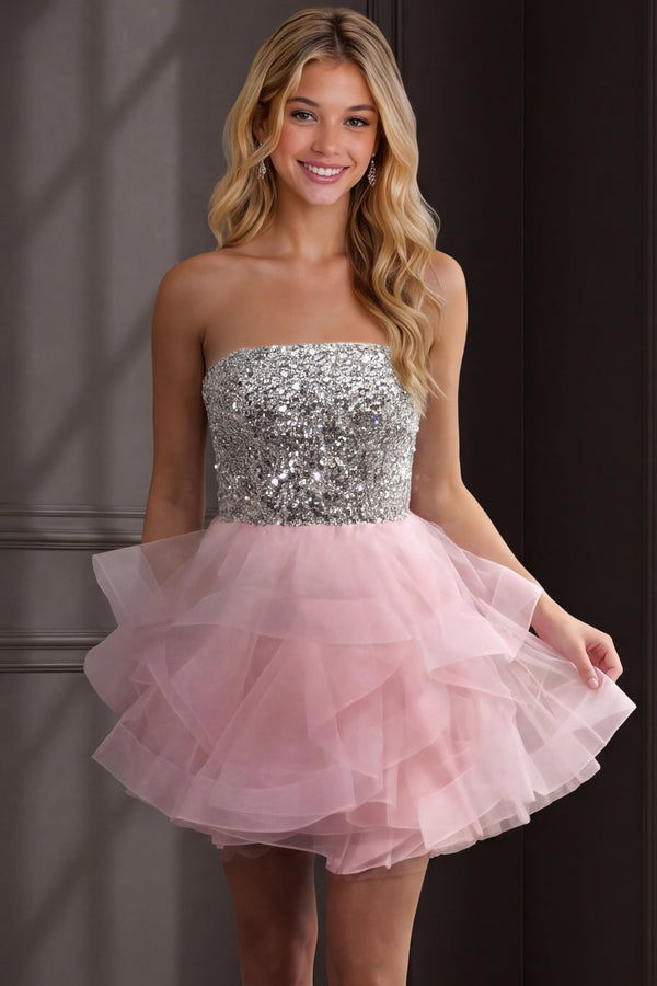 Strapless Straight Neck Mini Tulle Cocktail Fit & Flare Jovani K39938
