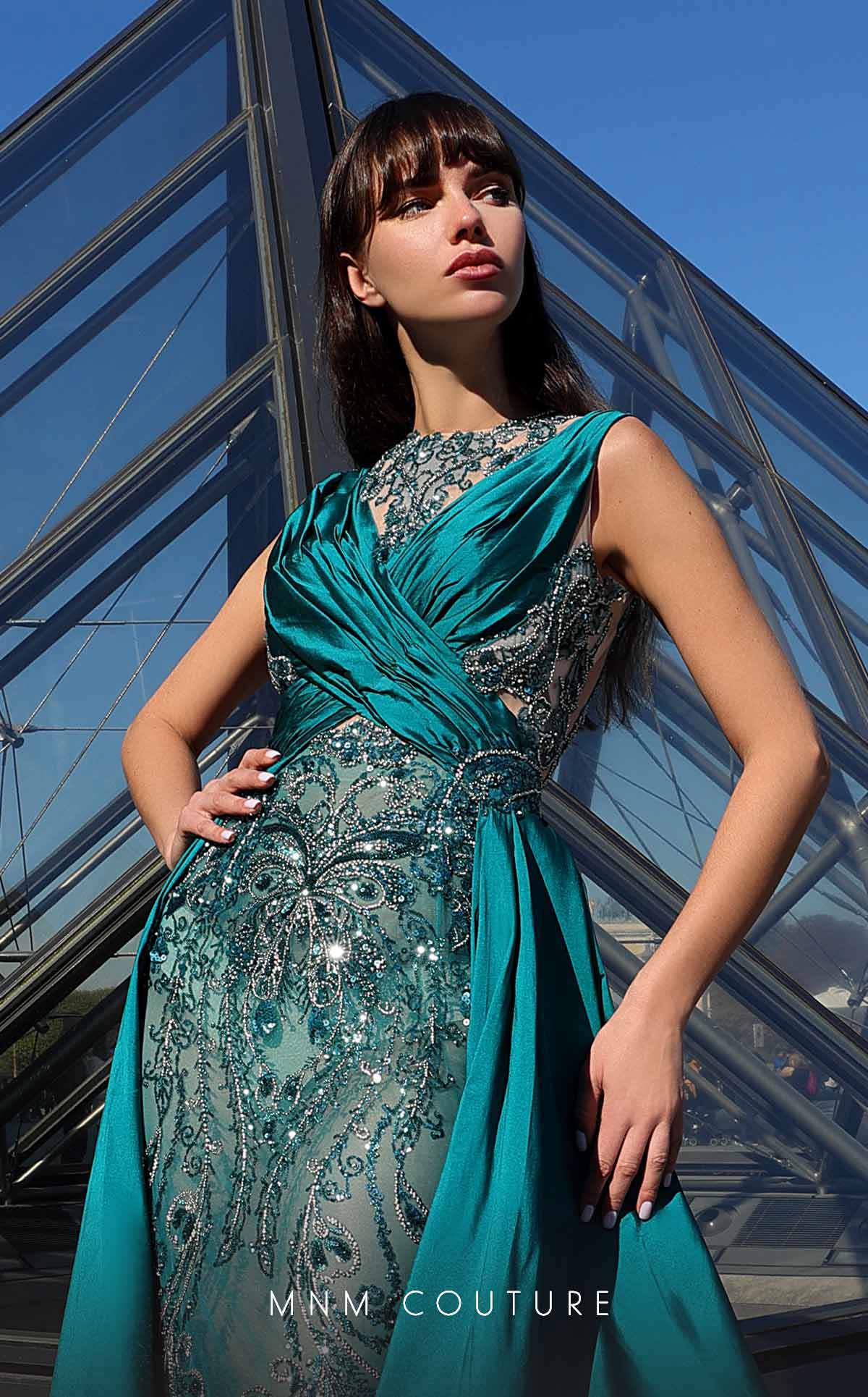 MNM Couture K4007 Long Mermaid Beaded Ruched Formal Evening Dress