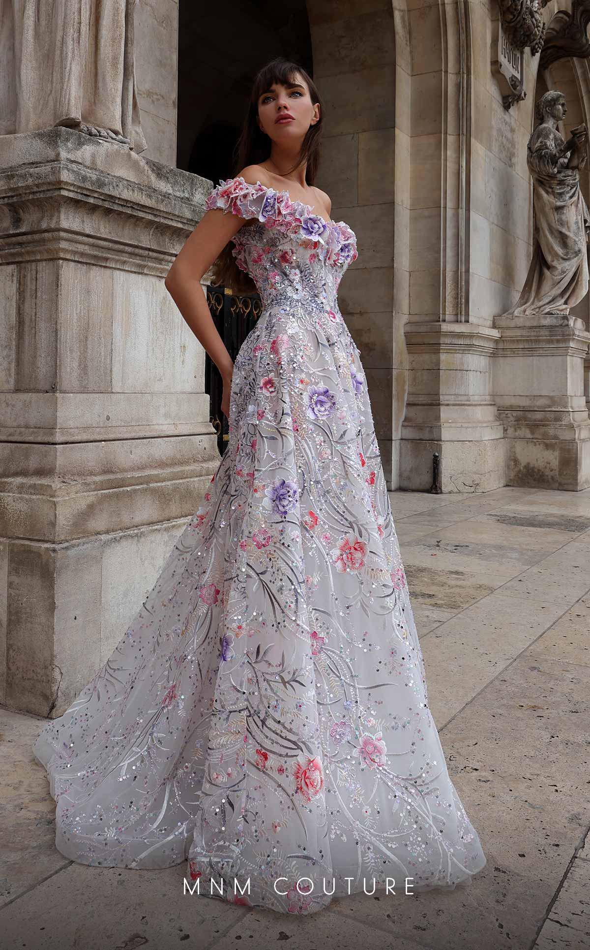 MNM Couture K4013 Long Beaded A Line Floral Formal Prom Dress