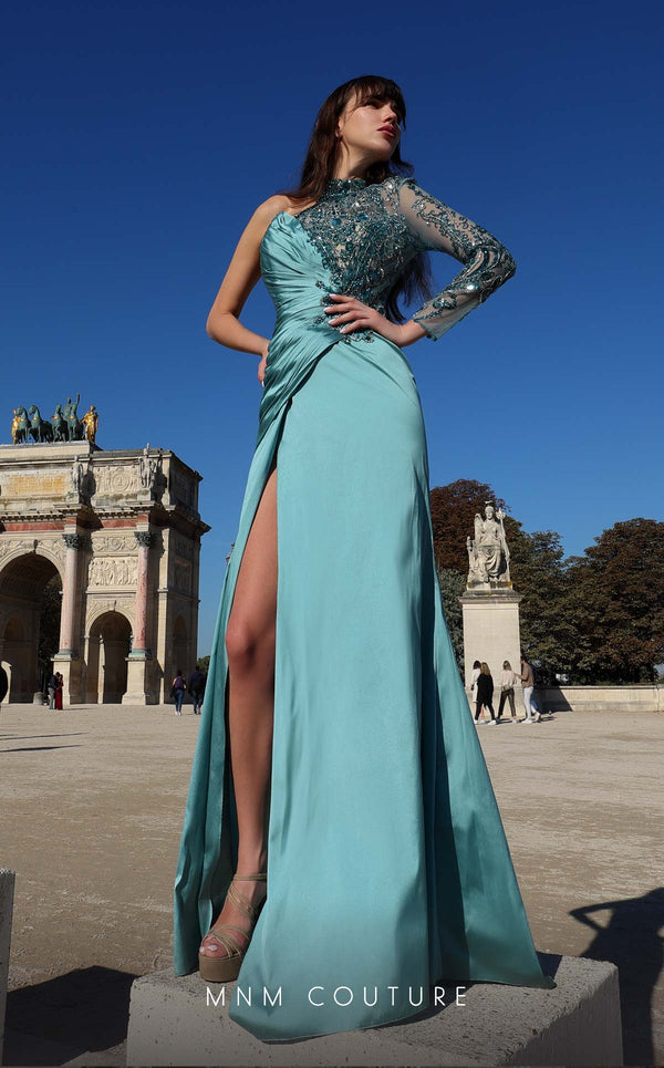 One-Shoulder Floor-Length Satin Evening Sheath MNM Couture K4017