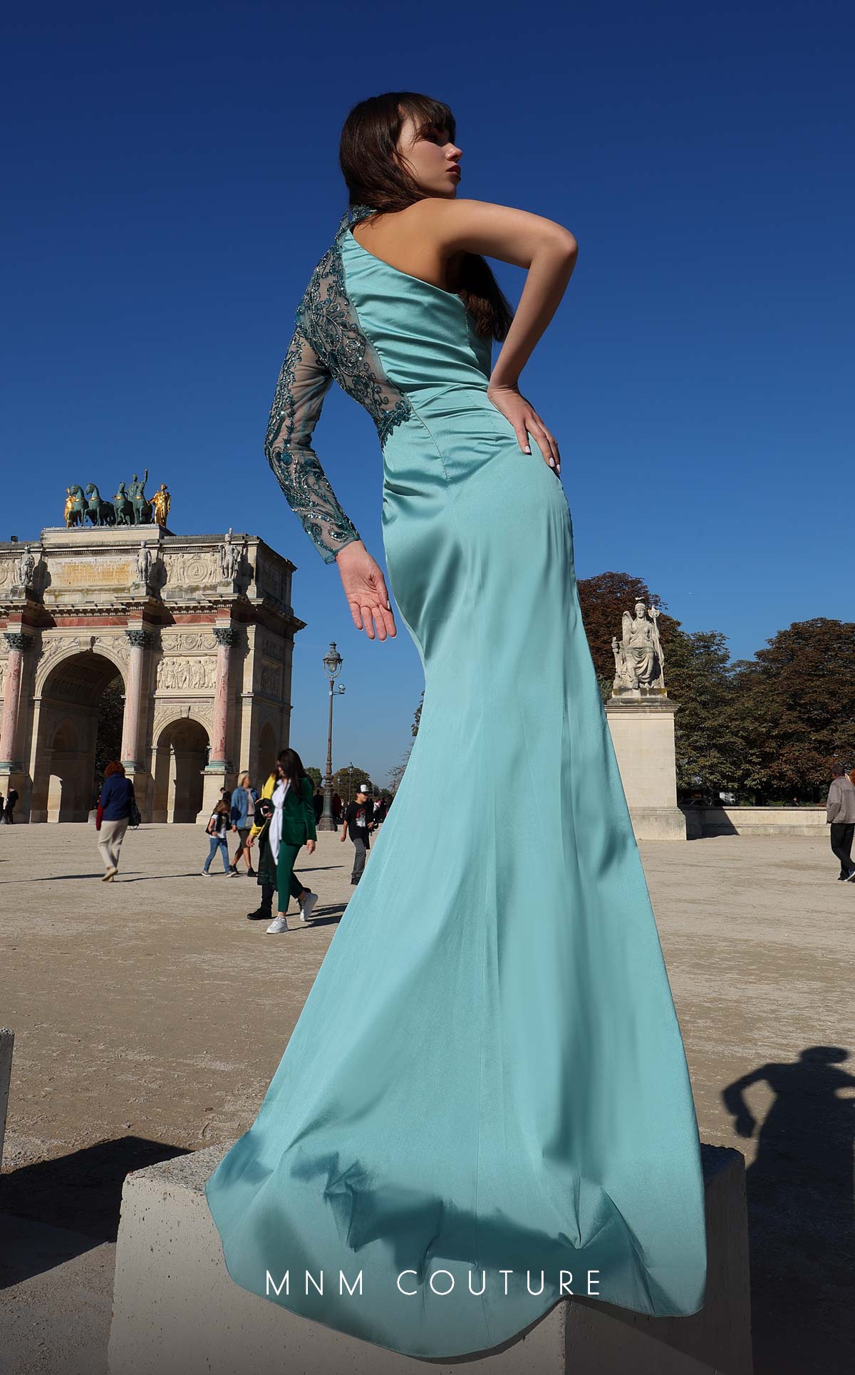 One-Shoulder Floor-Length Satin Evening Sheath MNM Couture K4017