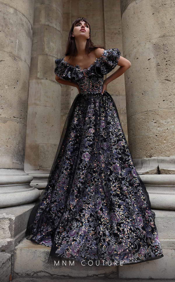 MNM Couture K4018 Long Floral A Line Ruffle Formal Dress