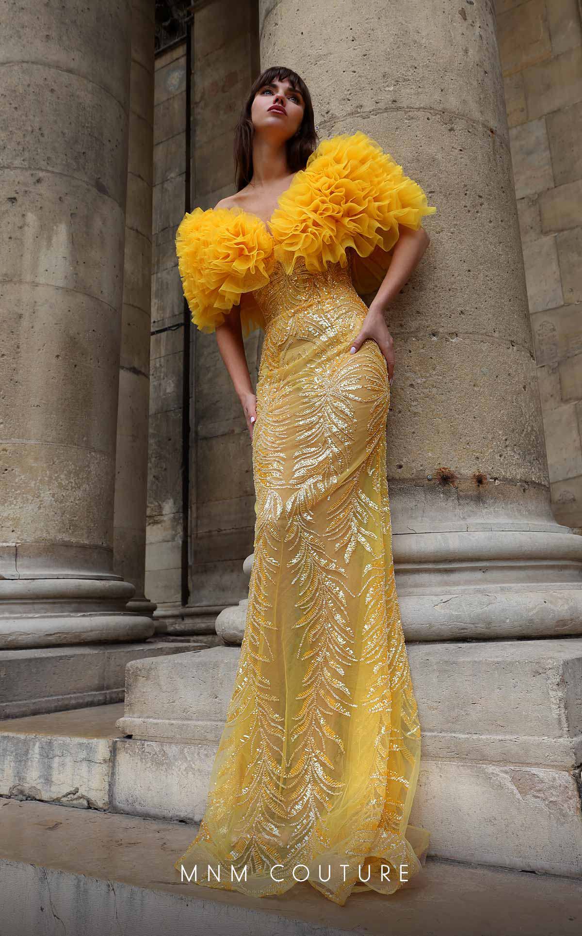 MNM Couture K4031 Fitted Long Formal Ruffle Sequin Evening Dress