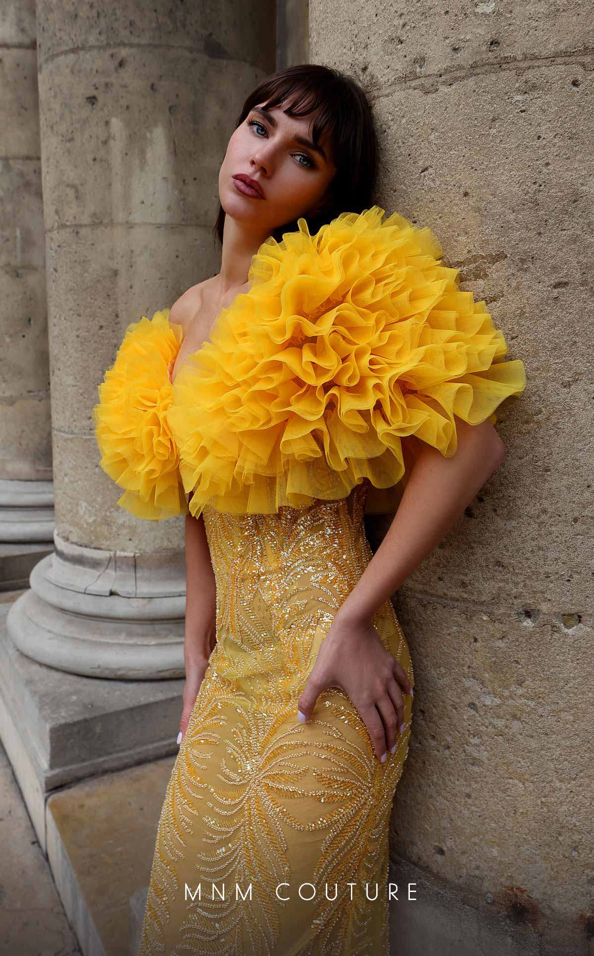 MNM Couture K4031 Fitted Long Formal Ruffle Sequin Evening Dress