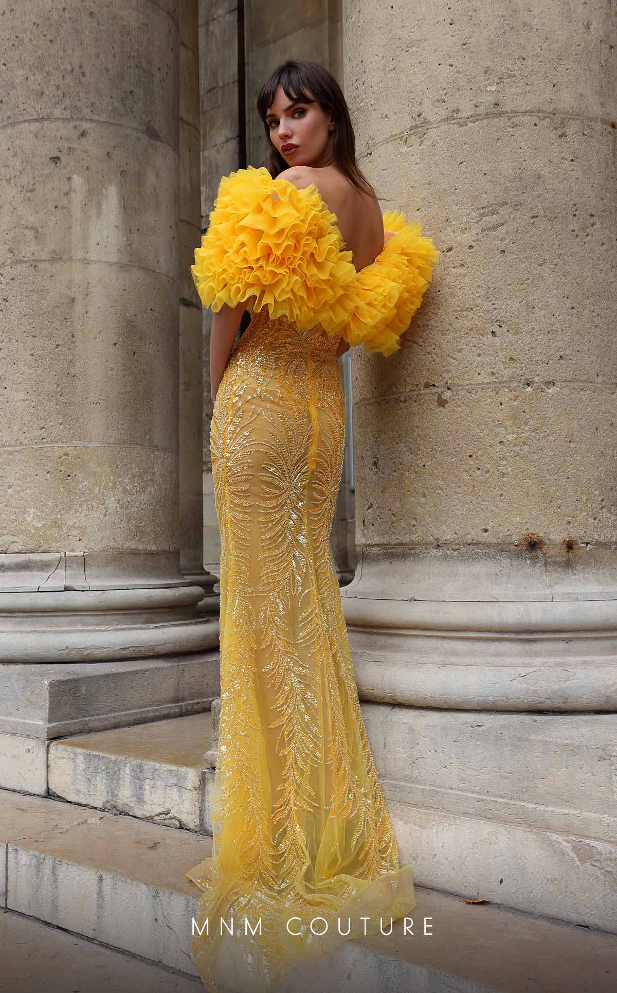 MNM Couture K4031 Fitted Long Formal Ruffle Sequin Evening Dress