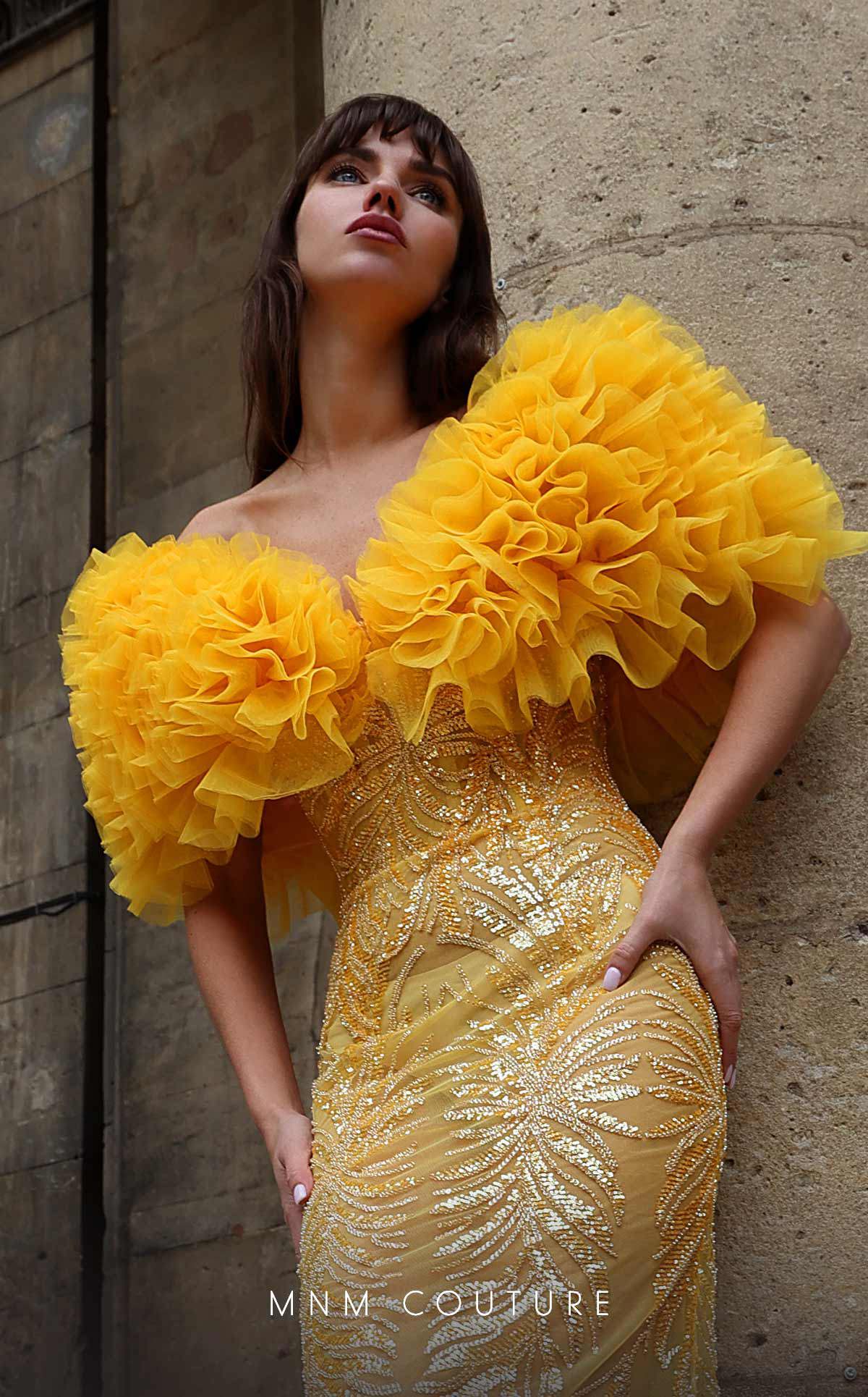 MNM Couture K4031 Fitted Long Formal Ruffle Sequin Evening Dress