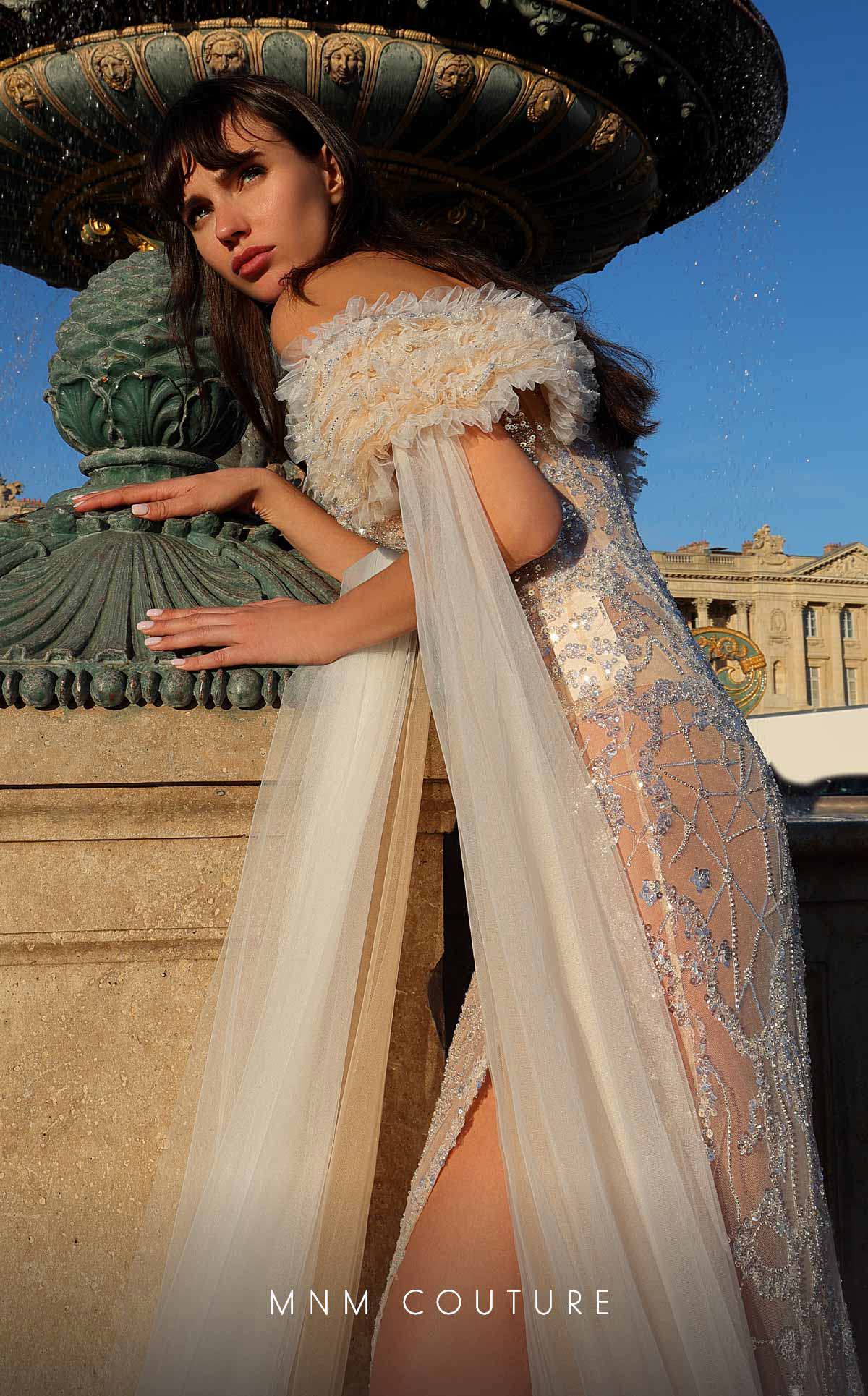 MNM Couture K4034 Fitted Long Beaded Slit Formal Evening Dress