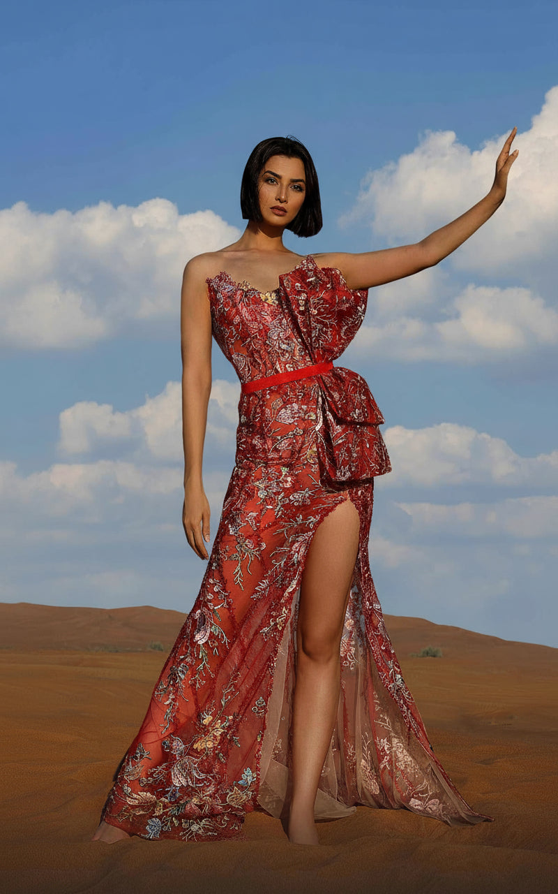 Formal Dresses Long Floral Bow Slit Formal Dress Red