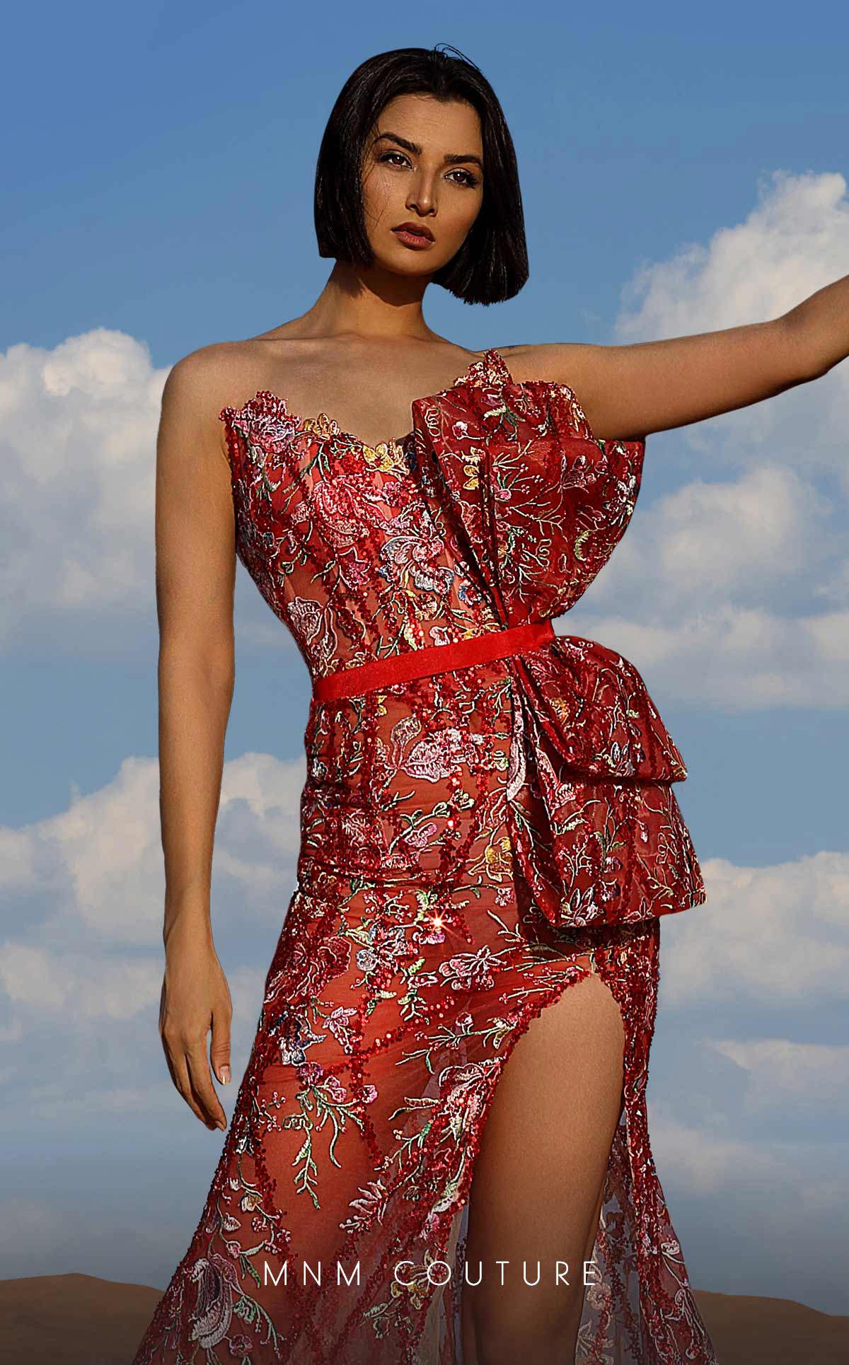 MNM Couture K4047 Long Floral Bow Slit Formal Dress