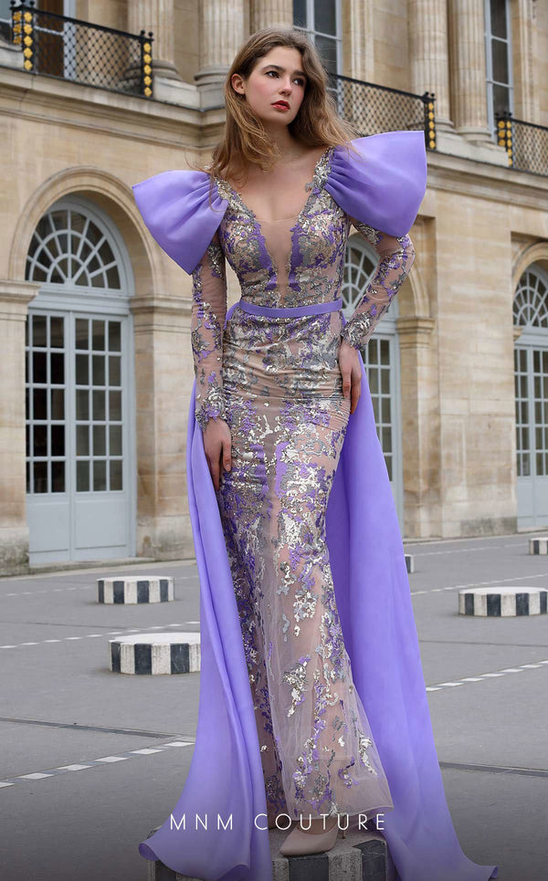 MNM Couture K4075 Fitted Long Sequin Applique Overskirt Formal Dress