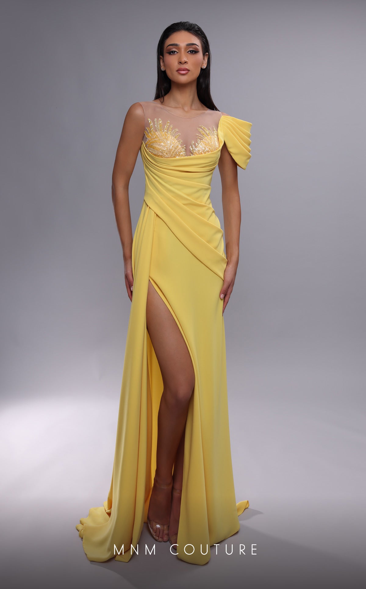 MNM Couture K4085 Long Formal Pleated High Slit Evening Dress