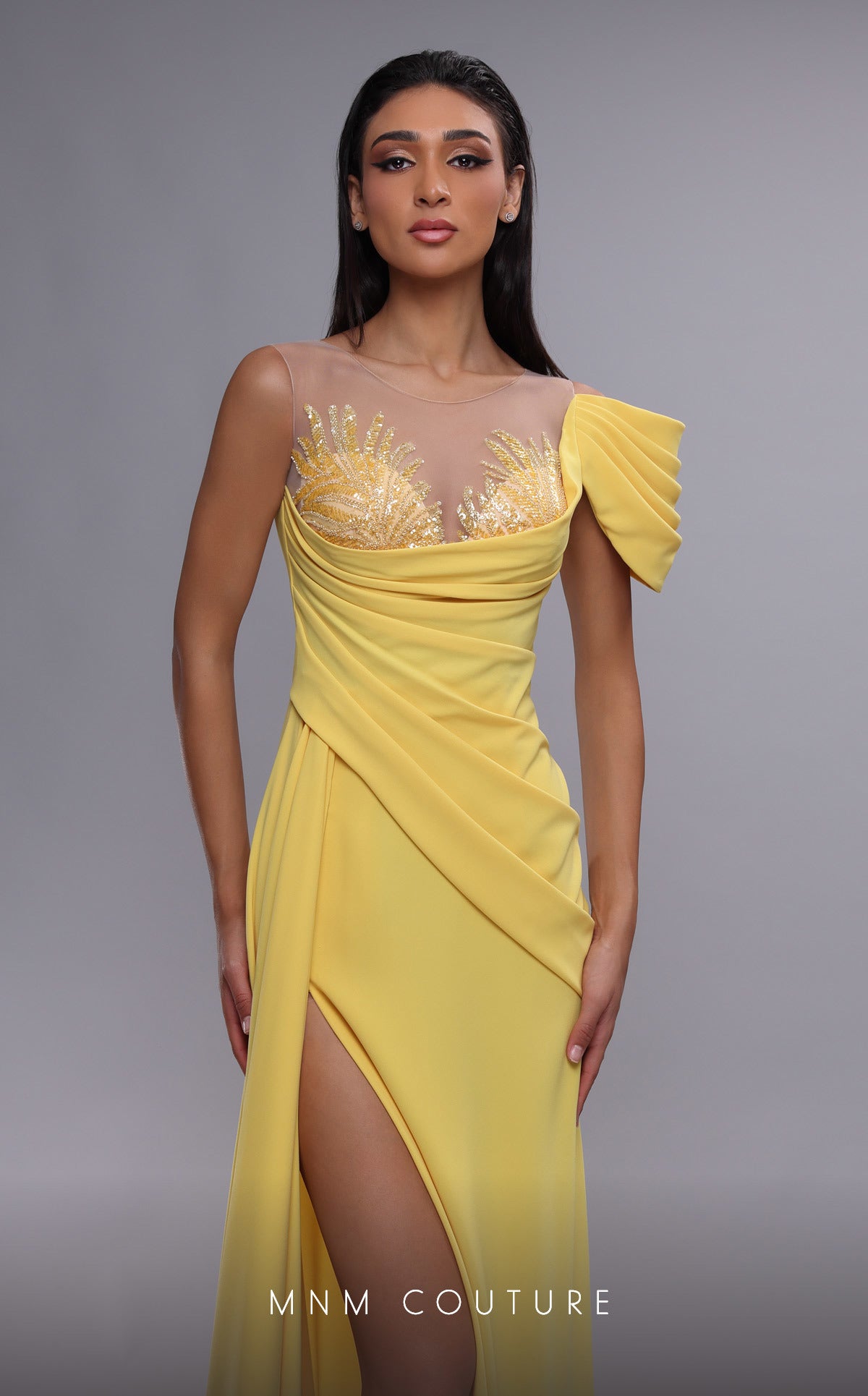 MNM Couture K4085 Long Formal Pleated High Slit Evening Dress