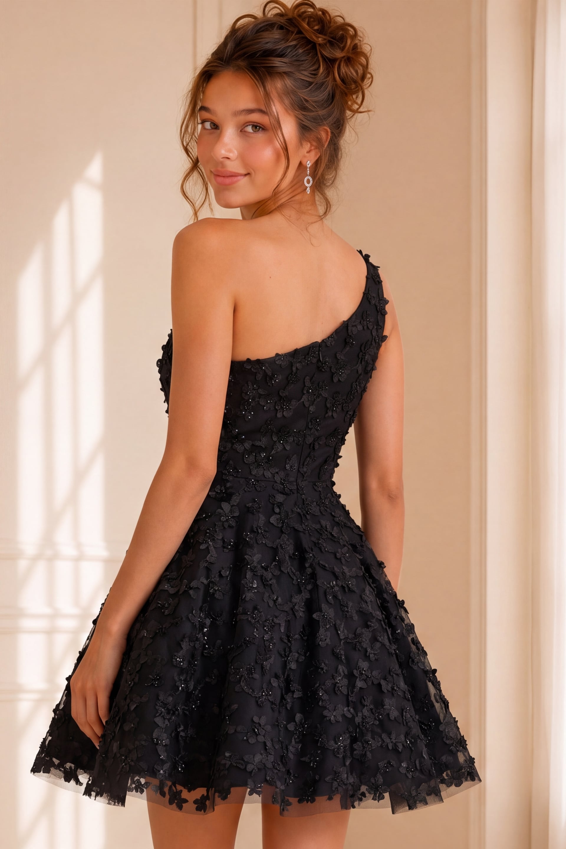 Black One-Shoulder Short Tulle Cocktail Floral Appliqué Dress Jovani K23516