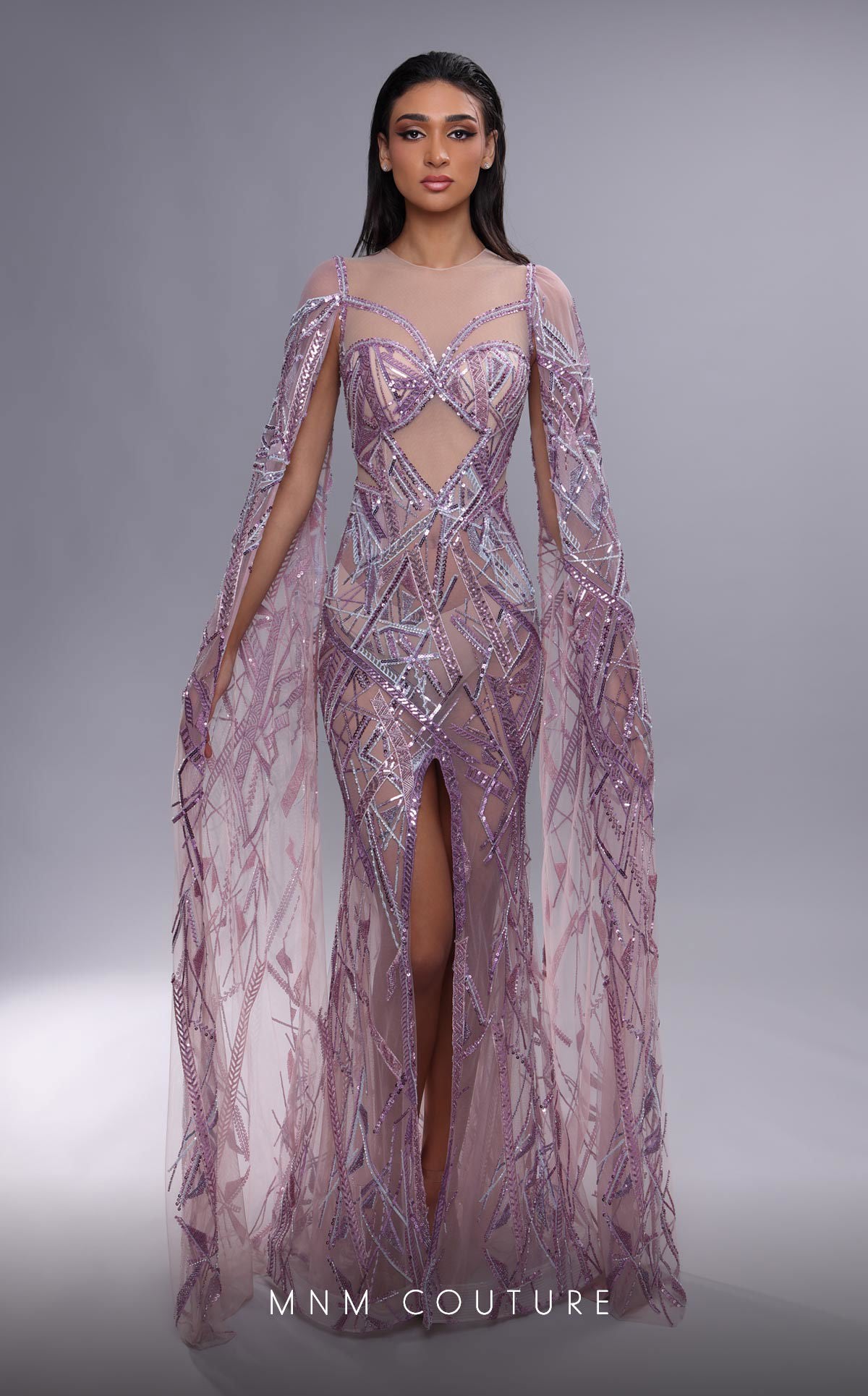 MNM Couture K4091 Beaded Long Formal Evening Cape Sleeve Dress
