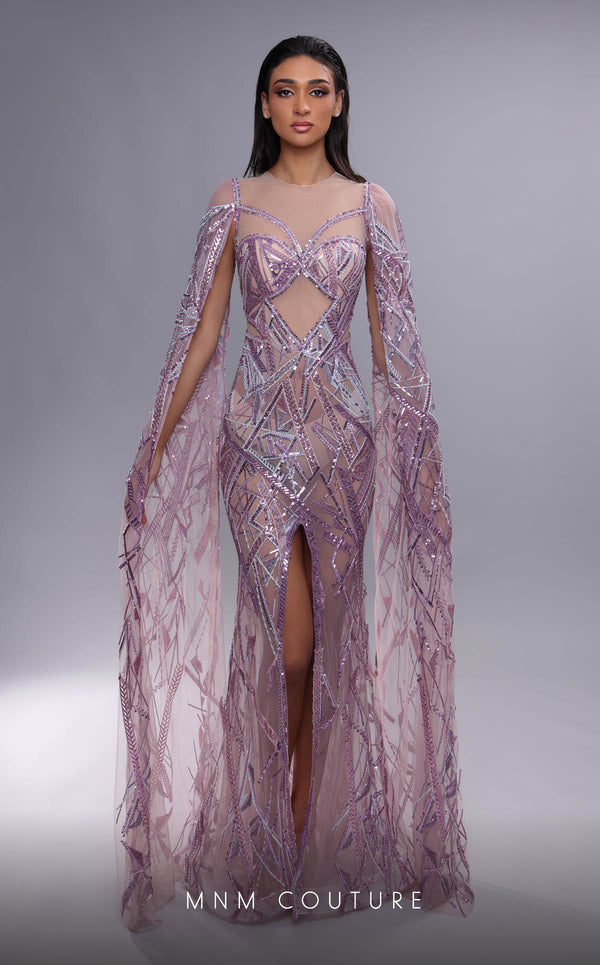 MNM Couture K4091 Beaded Long Formal Evening Cape Sleeve Dress