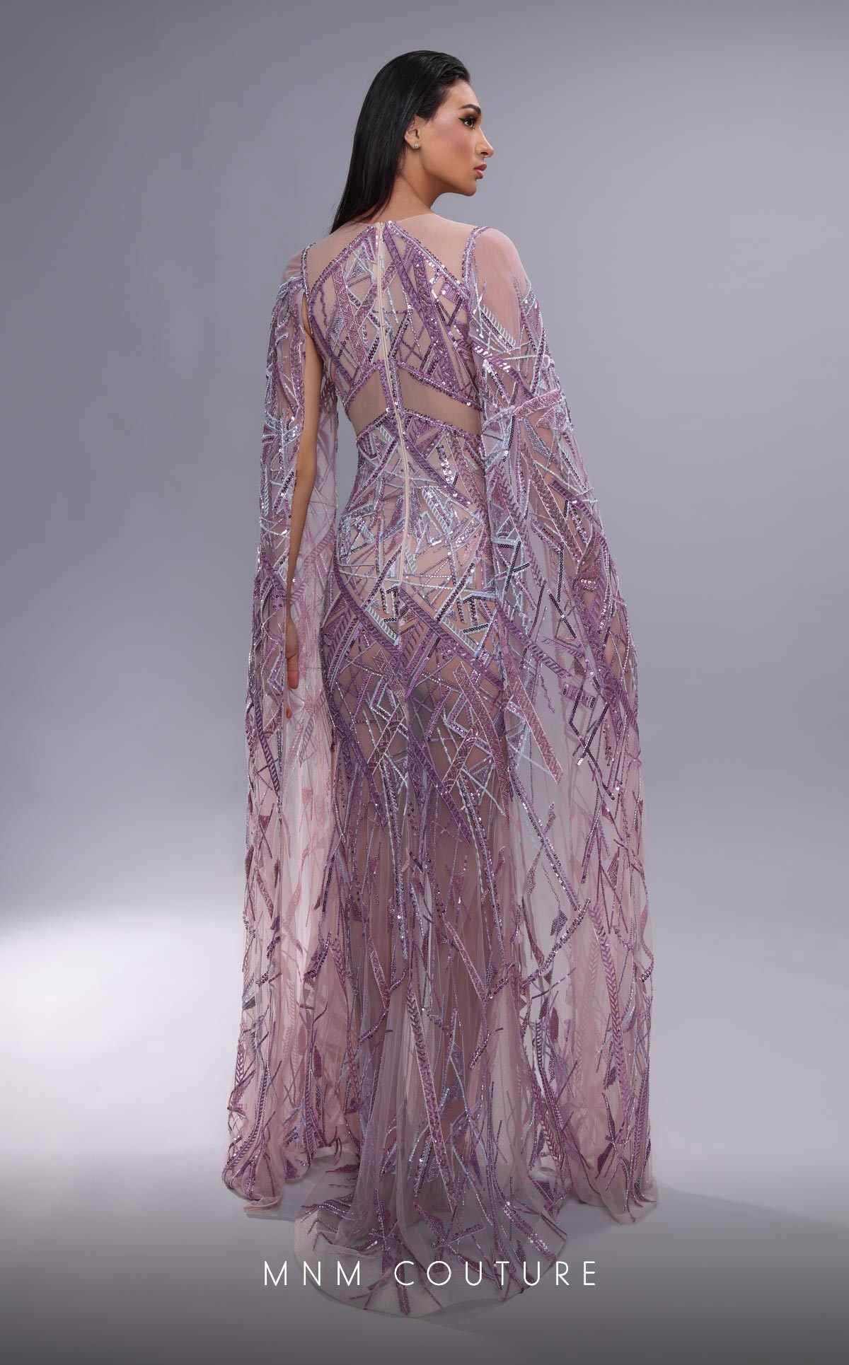 MNM Couture K4091 Beaded Long Formal Evening Cape Sleeve Dress