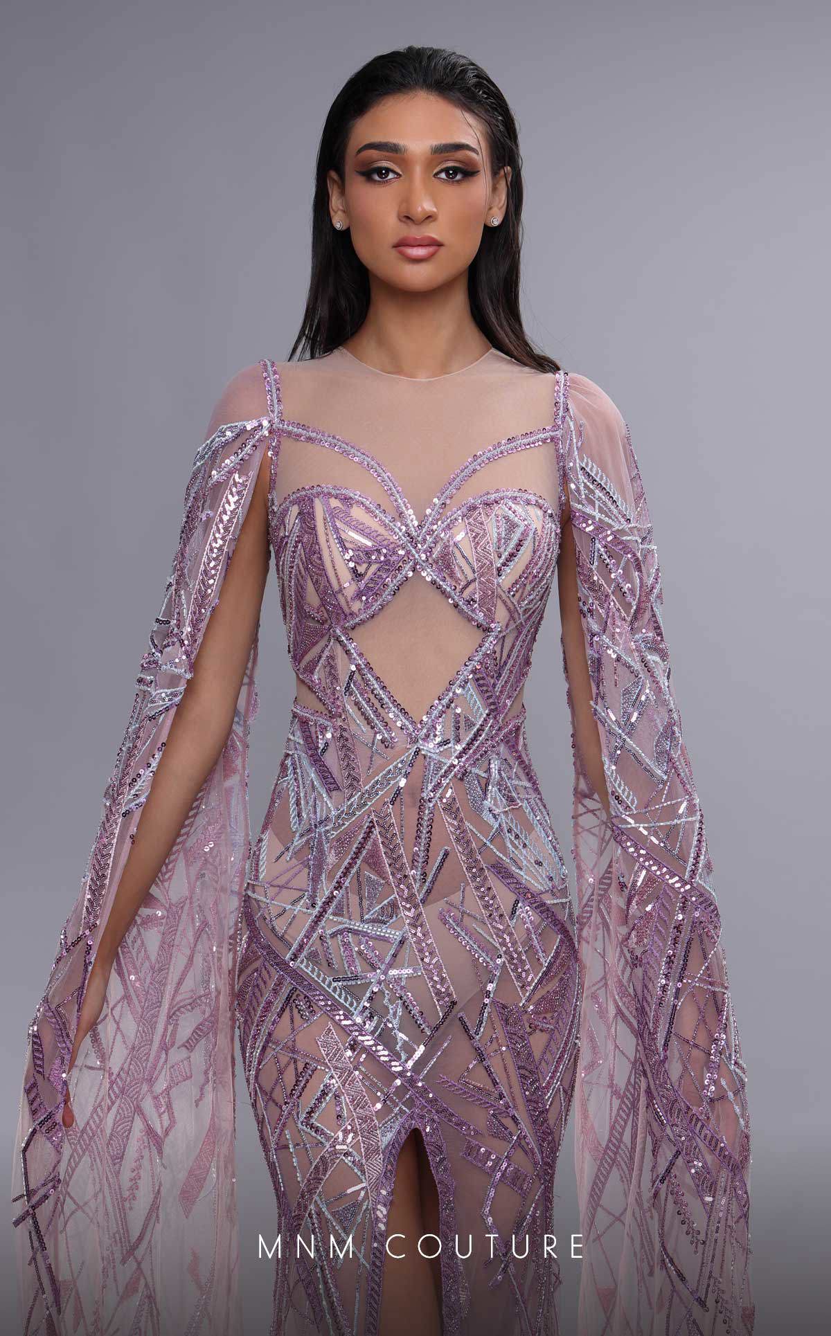 MNM Couture K4091 Beaded Long Formal Evening Cape Sleeve Dress
