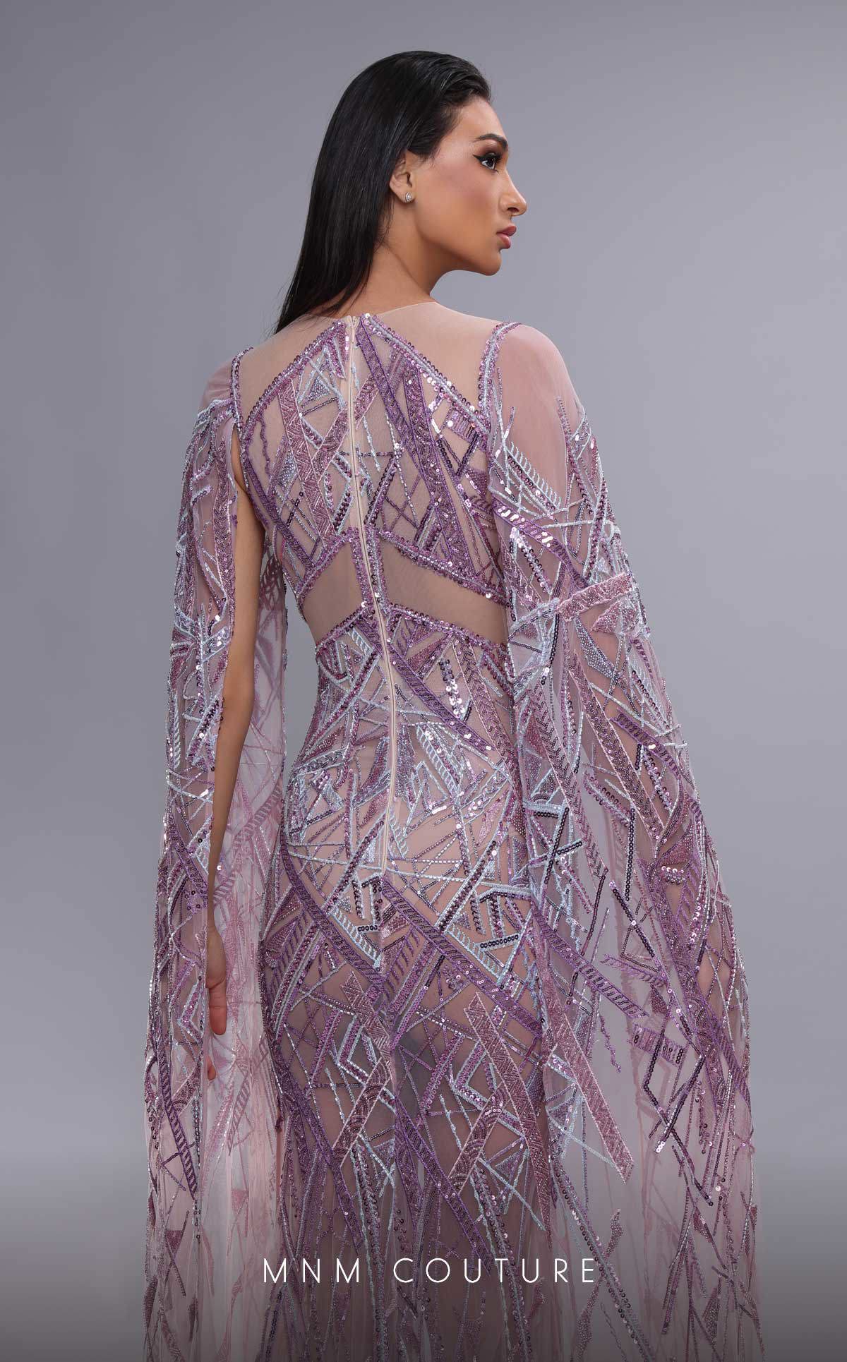 MNM Couture K4091 Beaded Long Formal Evening Cape Sleeve Dress