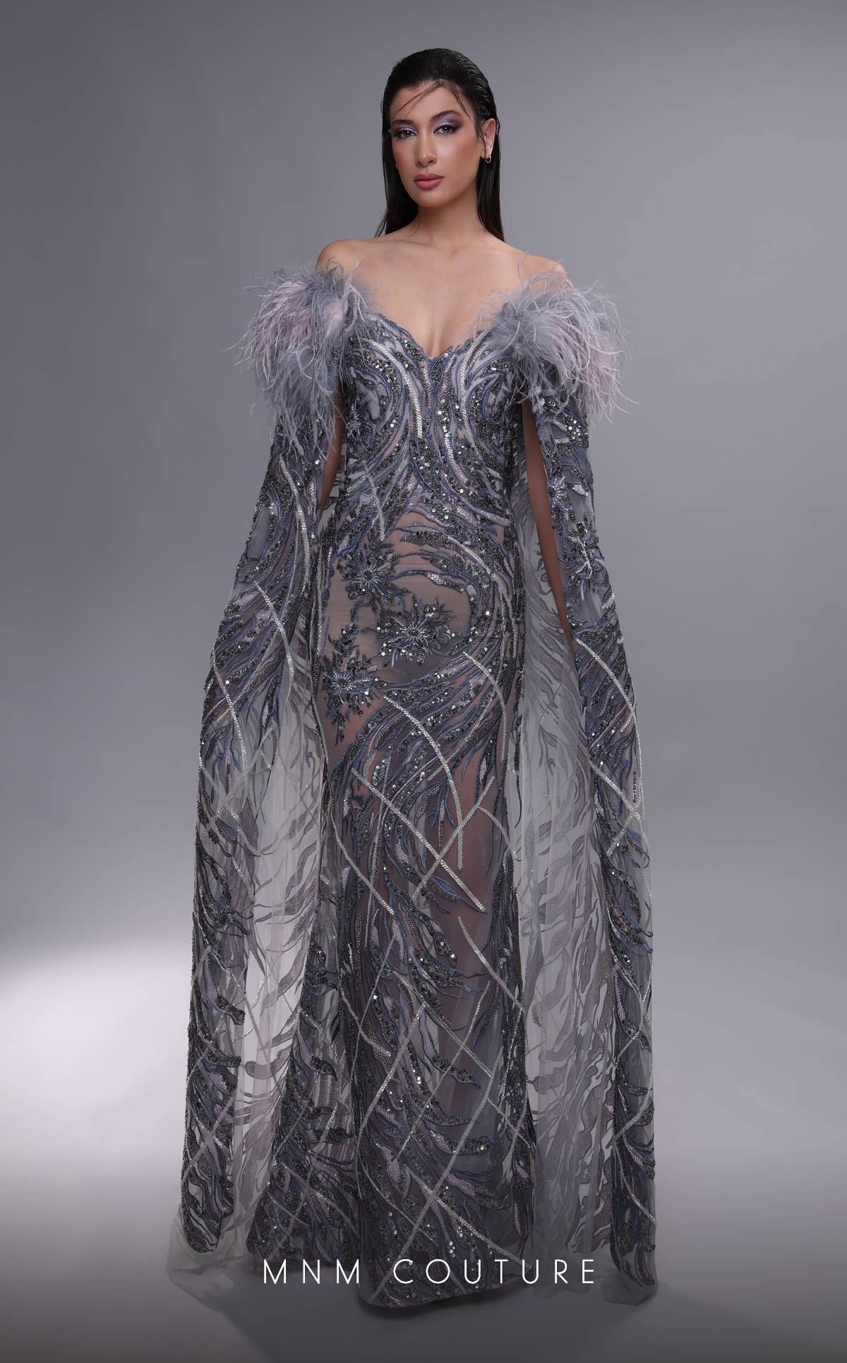 Formal Dresses Beaded Long Formal Cape Sleeve Evening Dress Grey