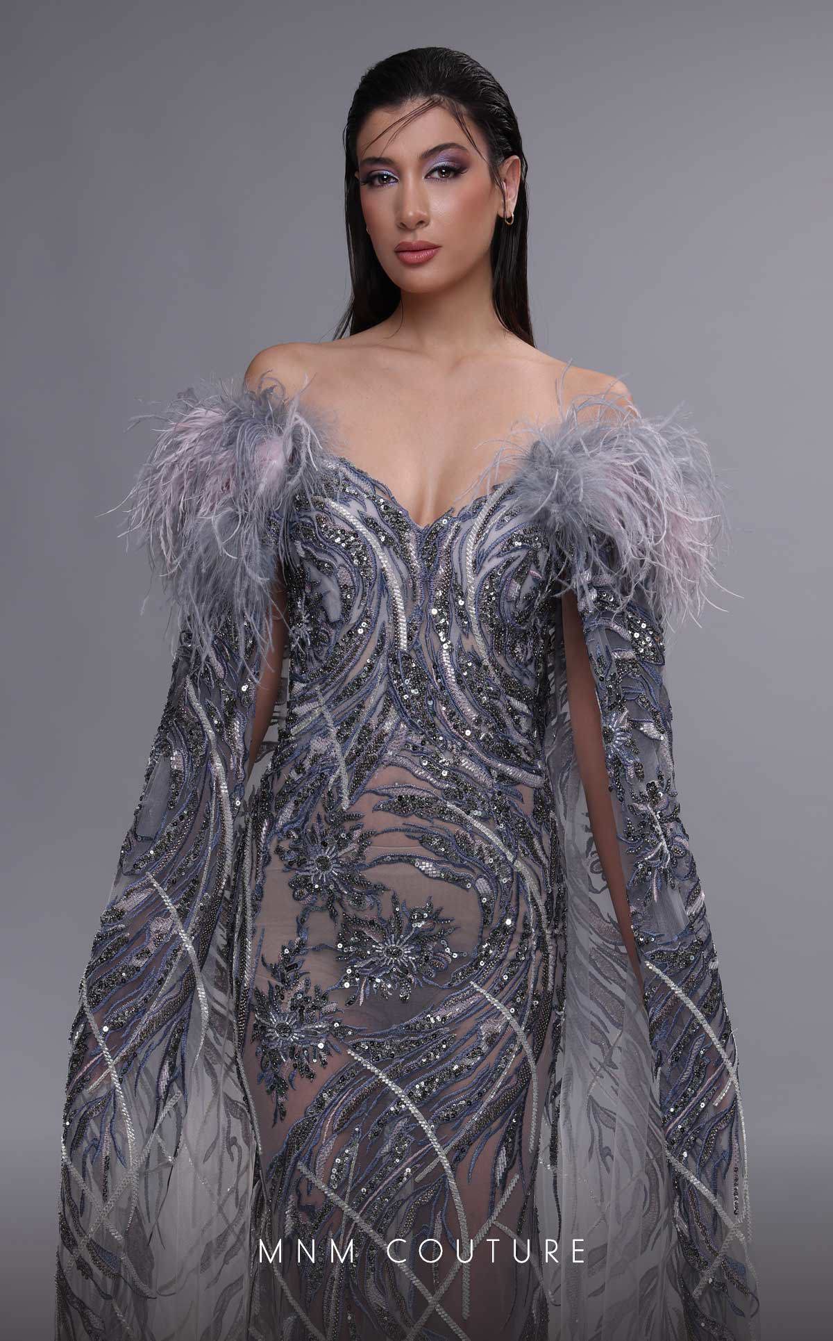MNM Couture K4097 Beaded Long Formal Cape Sleeve Evening Dress