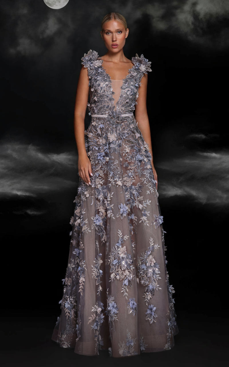Formal Dresses A Line Long Beaded 3D Floral Applique Formal Dress Grey