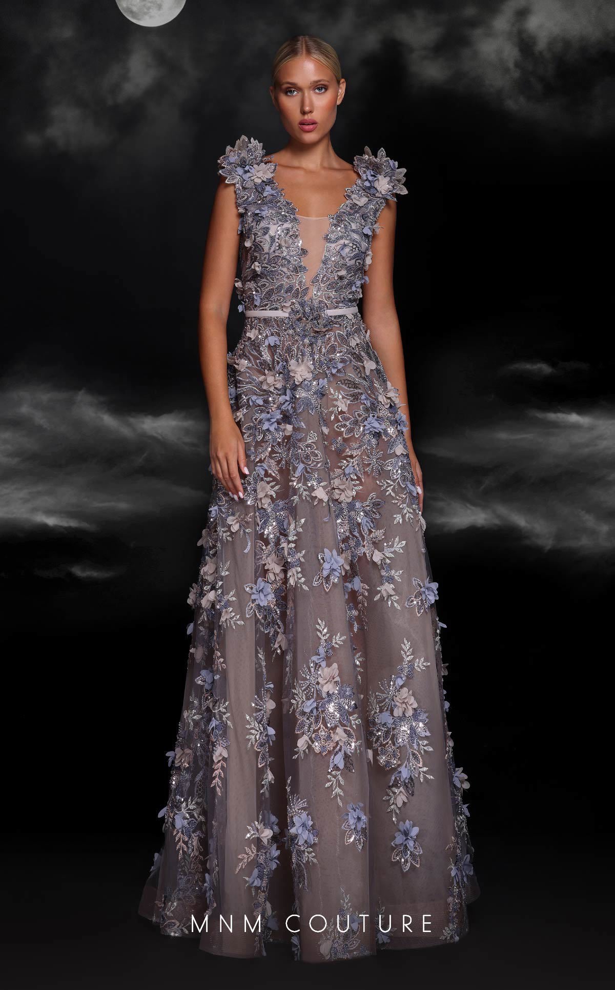 MNM Couture K4106 A Line Long Beaded 3D Floral Applique Formal Dress
