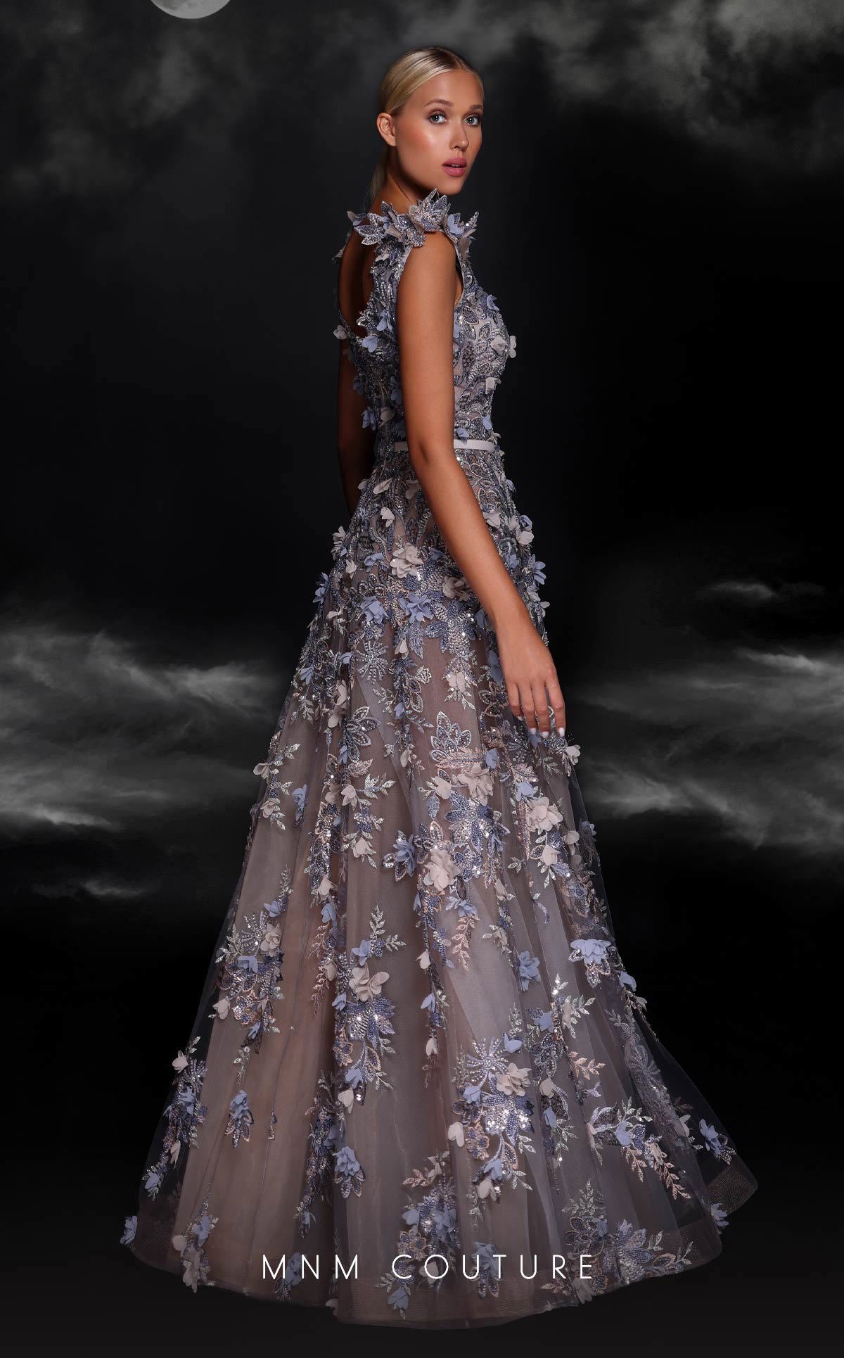 MNM Couture K4106 A Line Long Beaded 3D Floral Applique Formal Dress