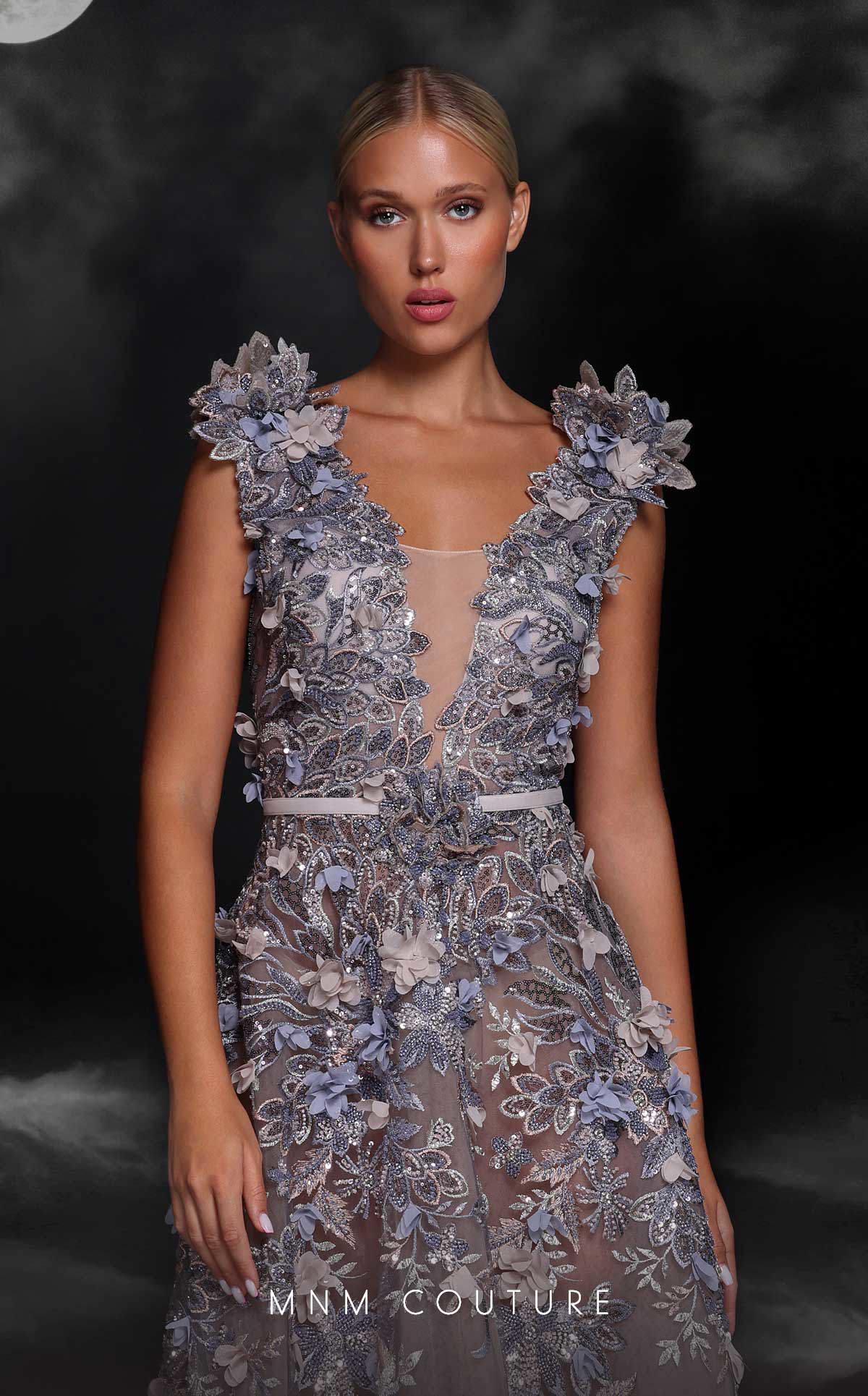 MNM Couture K4106 A Line Long Beaded 3D Floral Applique Formal Dress