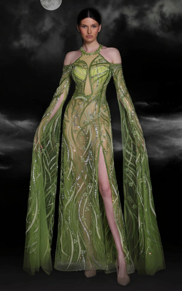 MNM Couture K4109 Prom Beaded Sequin Long Formal Slit Cape Dress