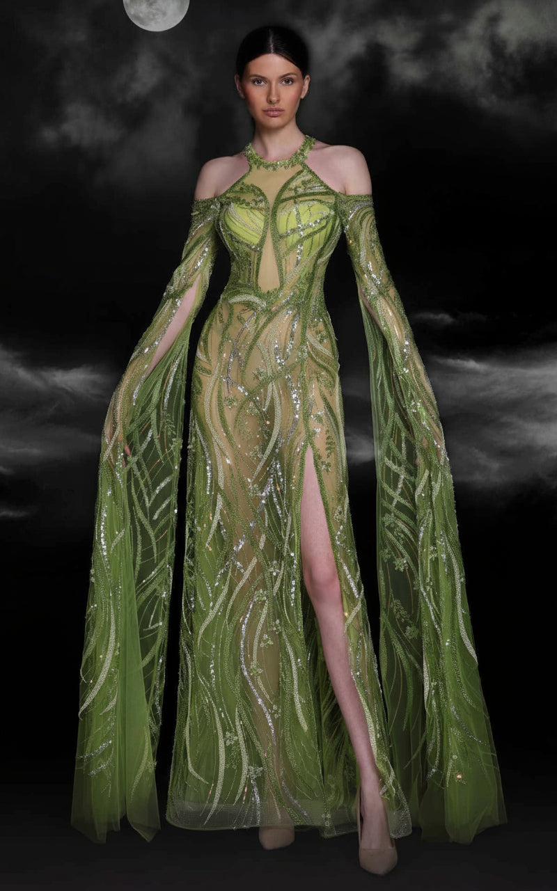 Formal Dresses Prom Beaded Sequin Long Formal Slit Cape Dress Pistache