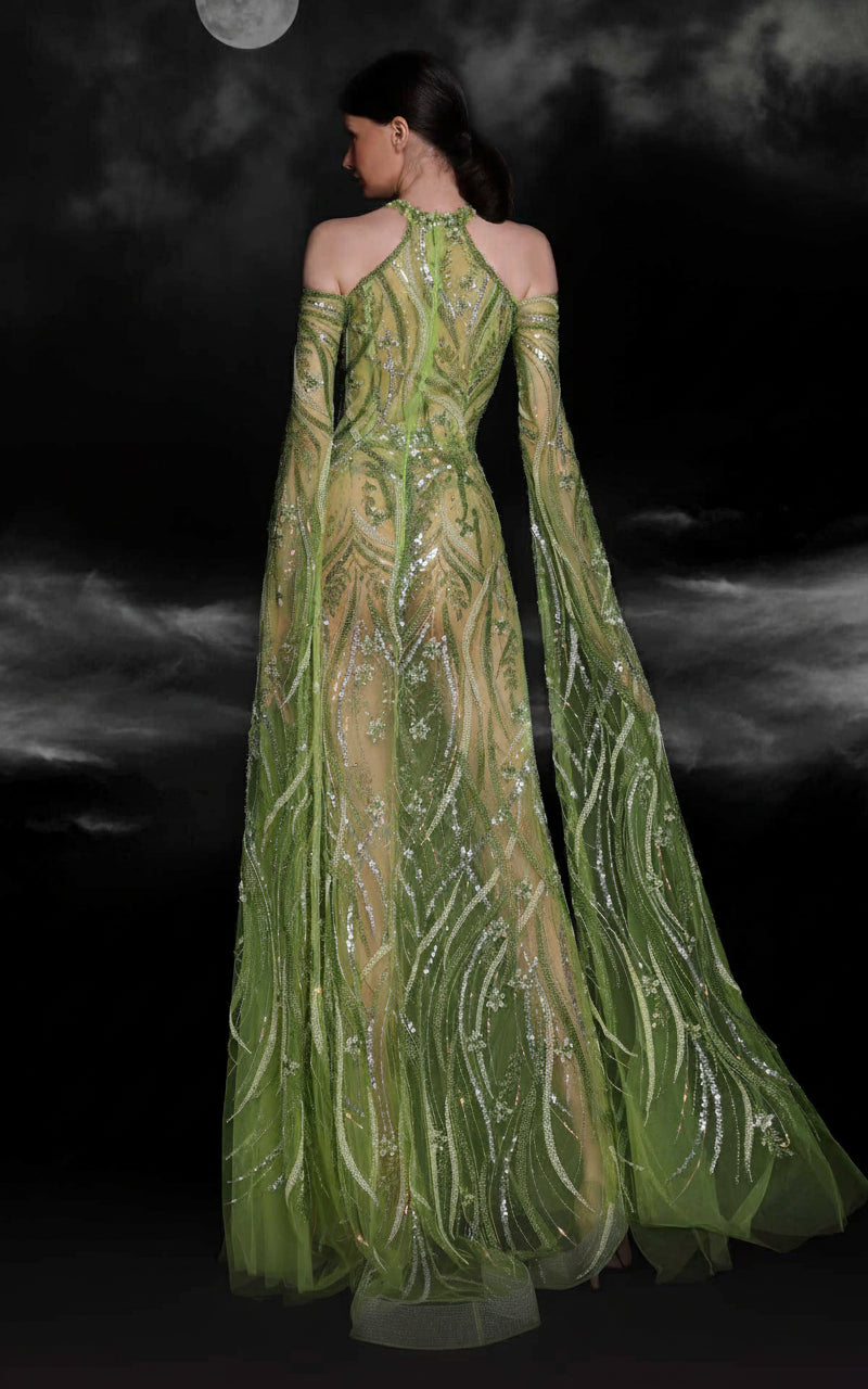Formal Dresses Prom Beaded Sequin Long Formal Slit Cape Dress Pistache