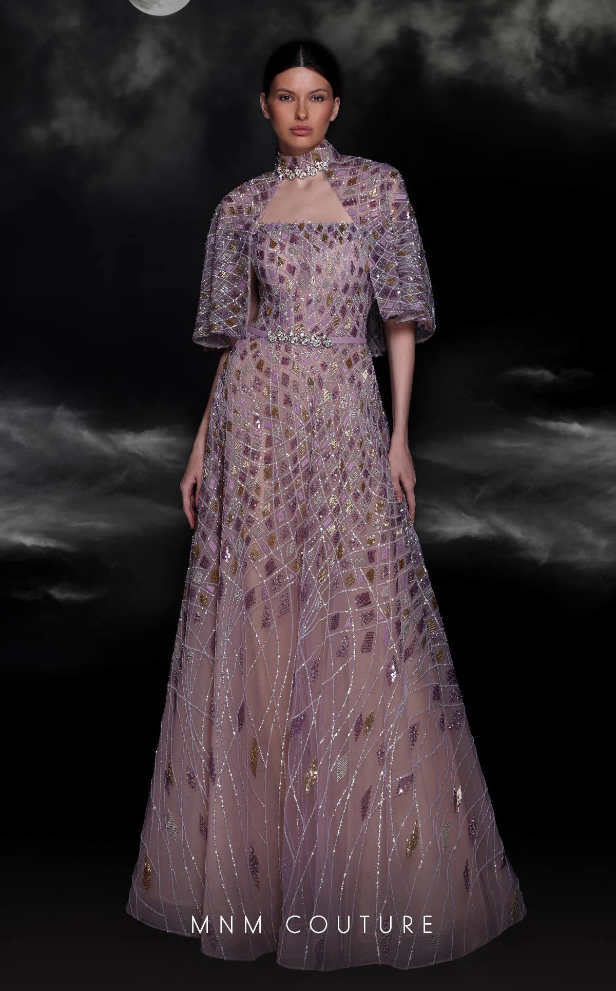 MNM Couture K4116 Prom Beaded Sequin A Line Long Formal Cape Dress