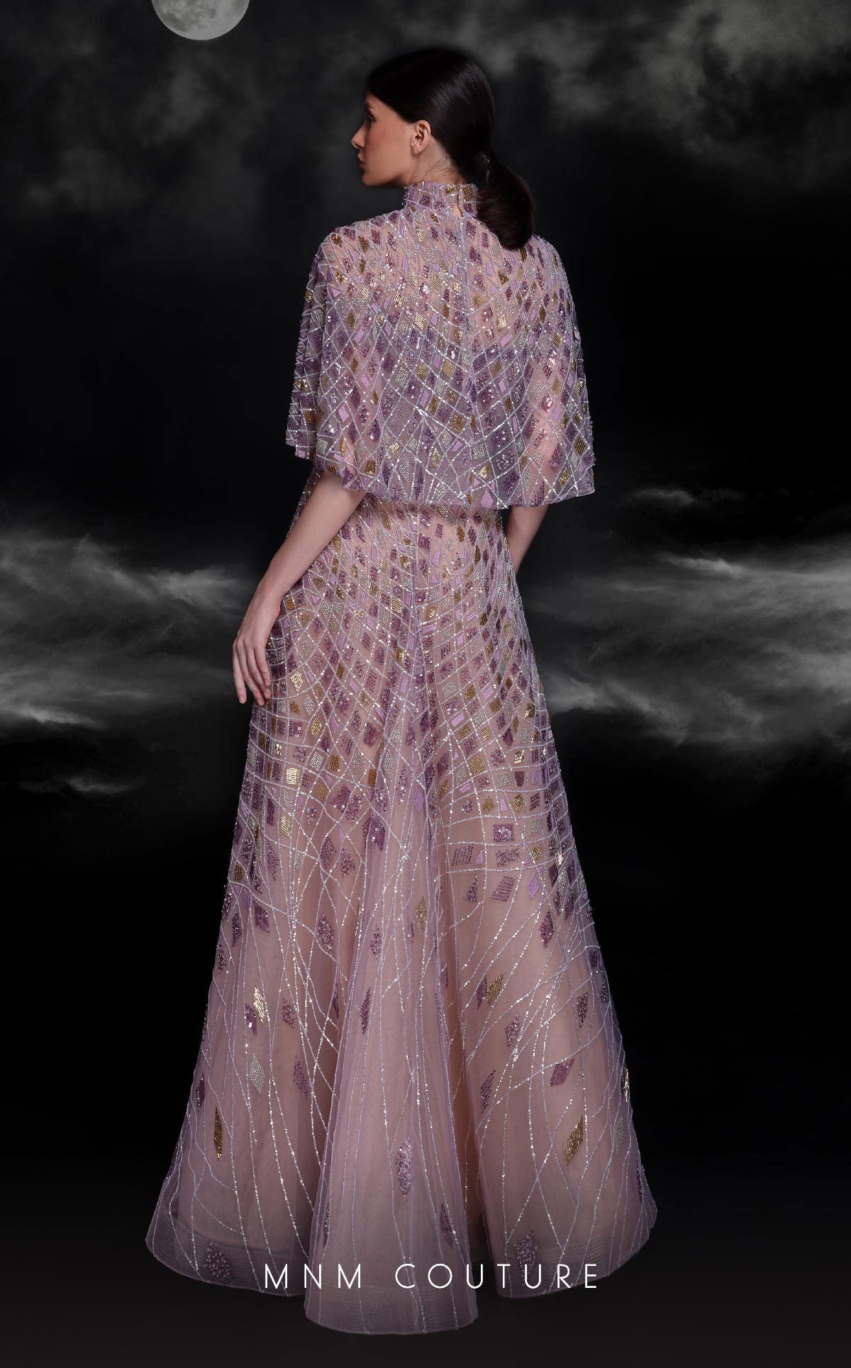 MNM Couture K4116 Prom Beaded Sequin A Line Long Formal Cape Dress