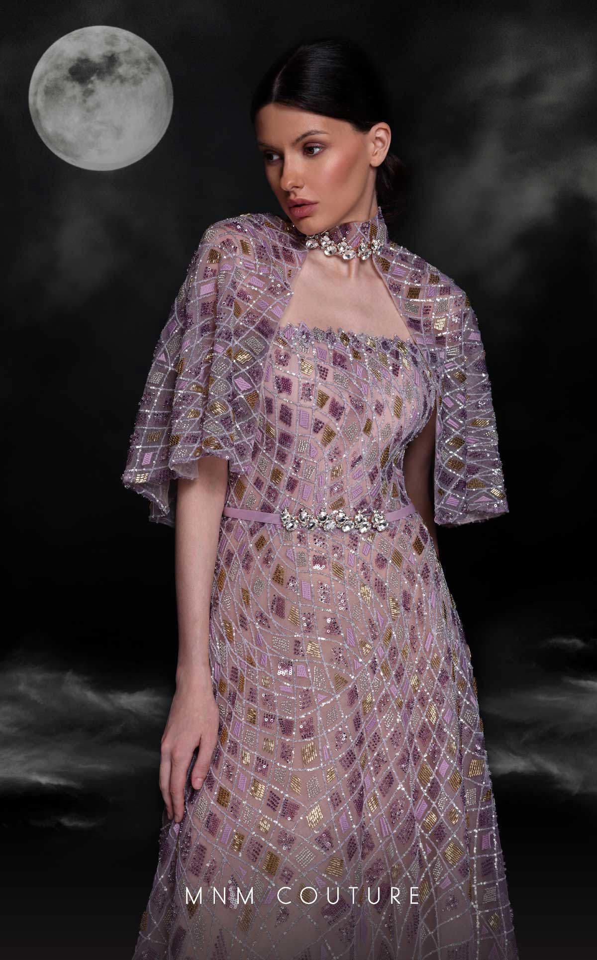 MNM Couture K4116 Prom Beaded Sequin A Line Long Formal Cape Dress